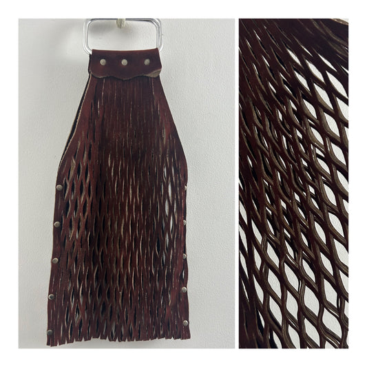 Vintage Late 1960s Brown Suede Leather Lattice Cutwork Stretchy Boho Bag