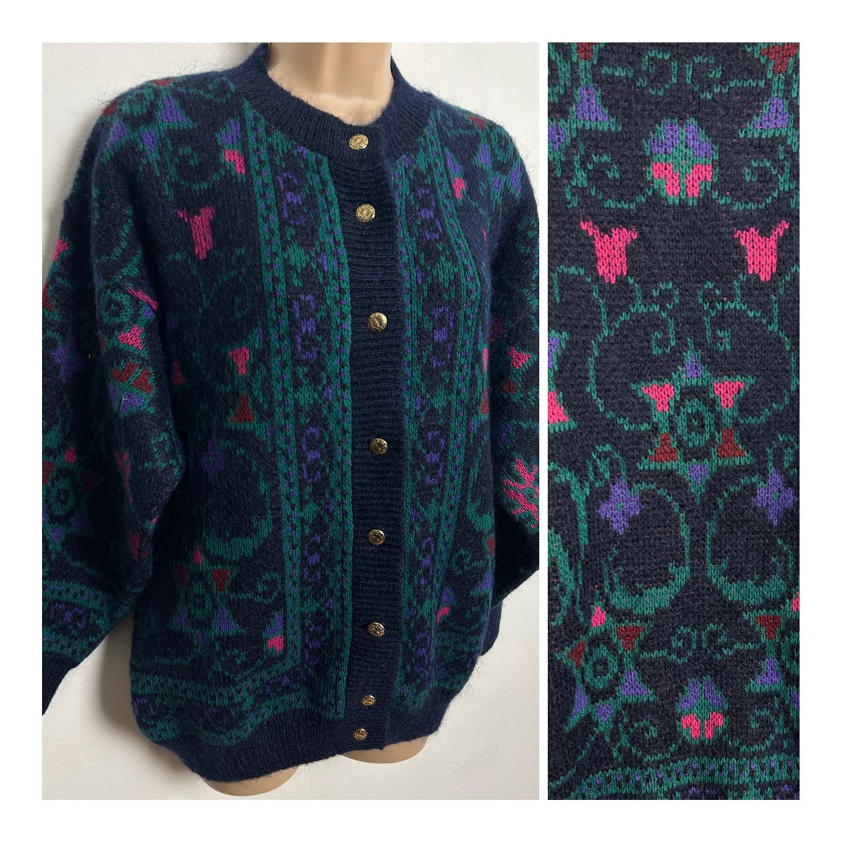 Vintage 1980s Size 14-16 Navy Blue Teal & Pink Abstract Pattern Mohair & Wool Mix Cardigan