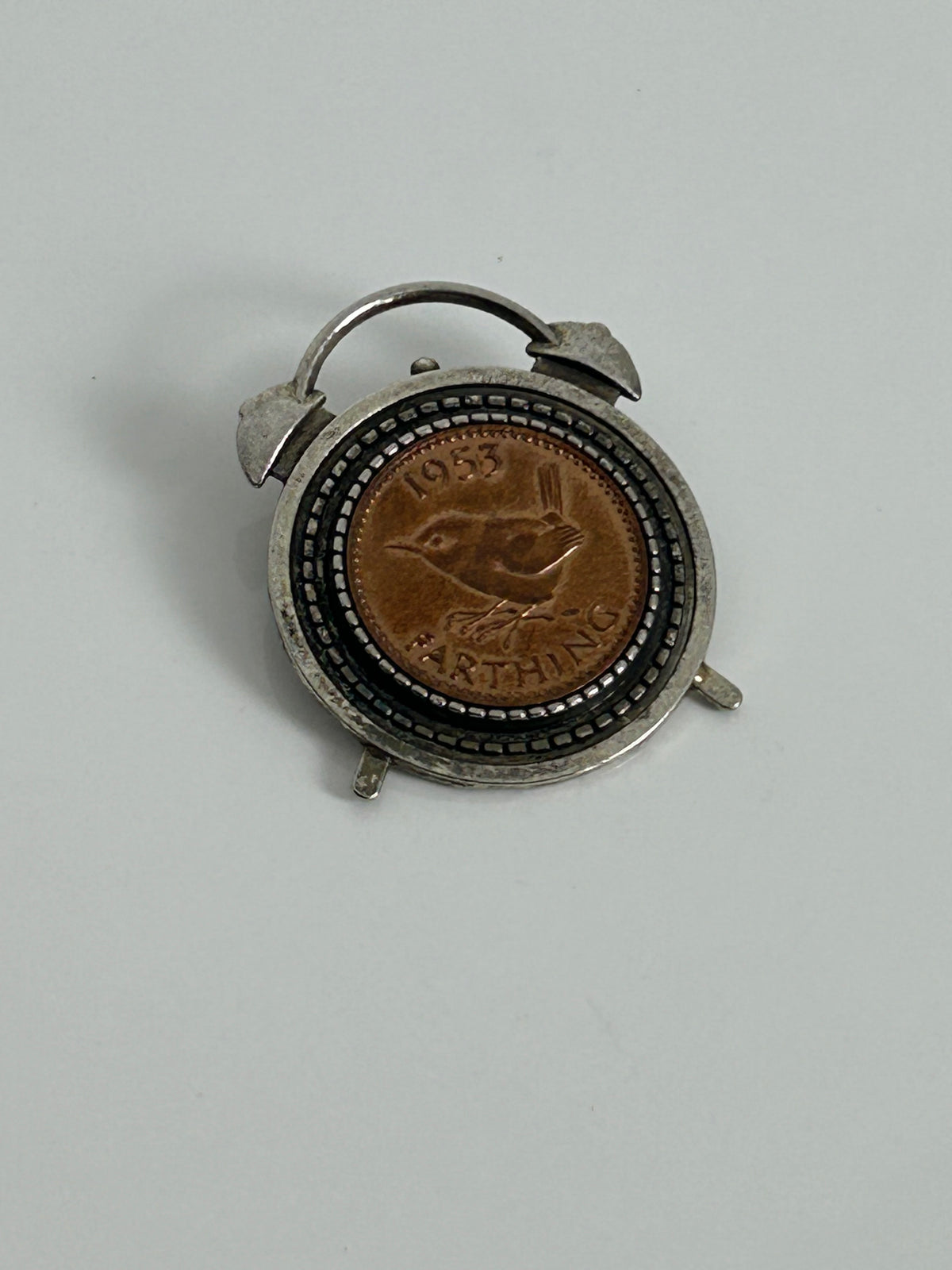 Vintage 1950s RARE Silver Tone 1953 Farthing Coin Set Clock Pin Brooch