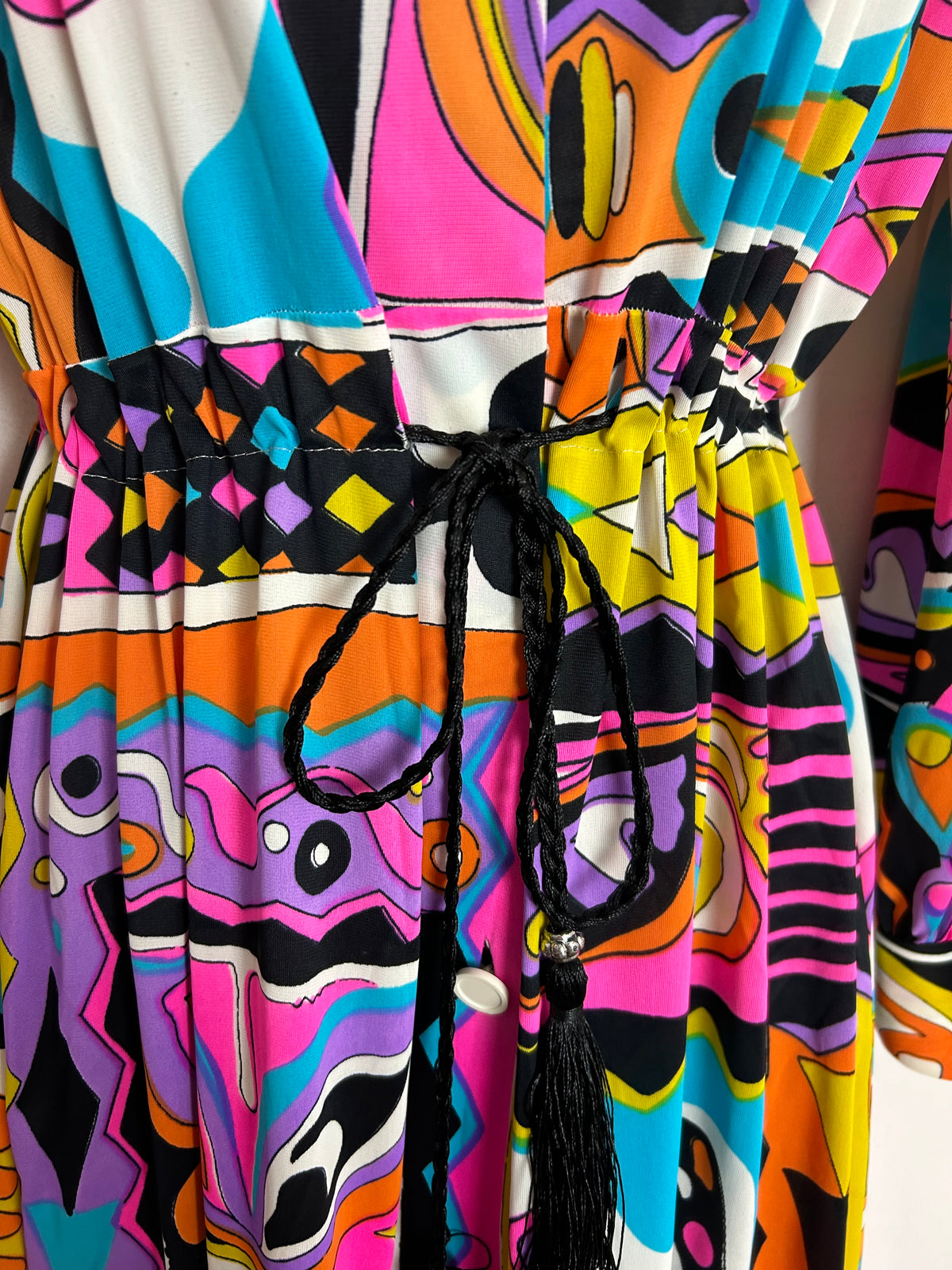 Vintage 1970s UK Size 8/10/12 Vibrant Pink Orange Blue Purple & Yellow Abstract Psychedelic Print Long Sleeve Maxi Dress