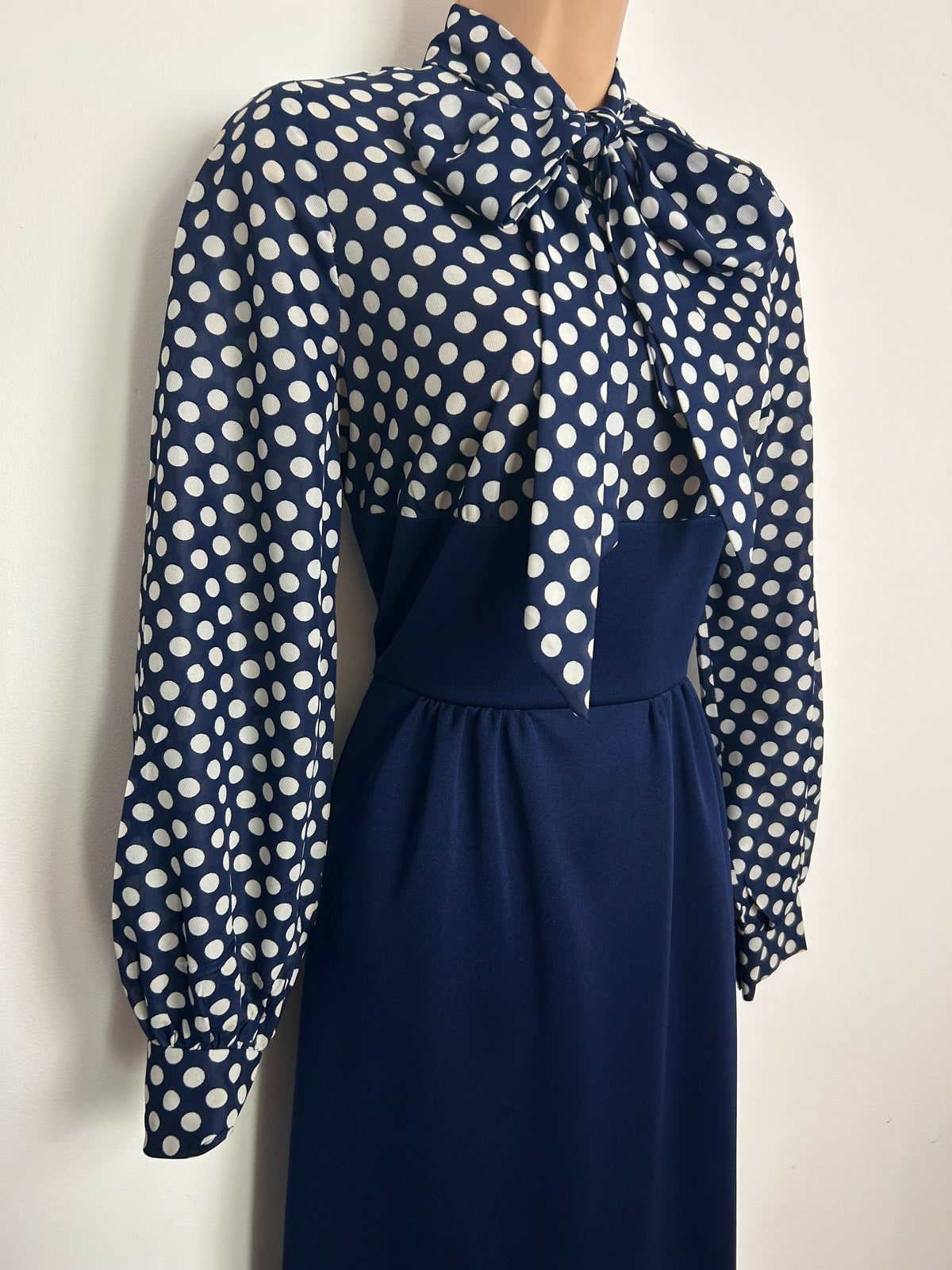 Vintage 1970s BARNABY Size 8 Navy Blue & White Polka Dot Pussy Bow Maxi Dress & Matching Waistcoat