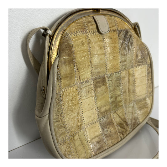 Vintage Late 1970s IRV Crocodile Beige Cream Patchwork Shoulder Or Crossbody Handbag