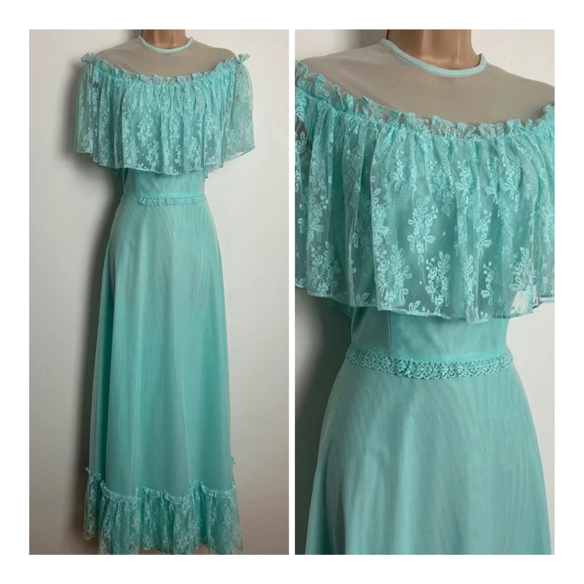 Vintage 1970s Size 6-8 Mint Green Nylon Lace Frill Prairie Boho Maxi Dress