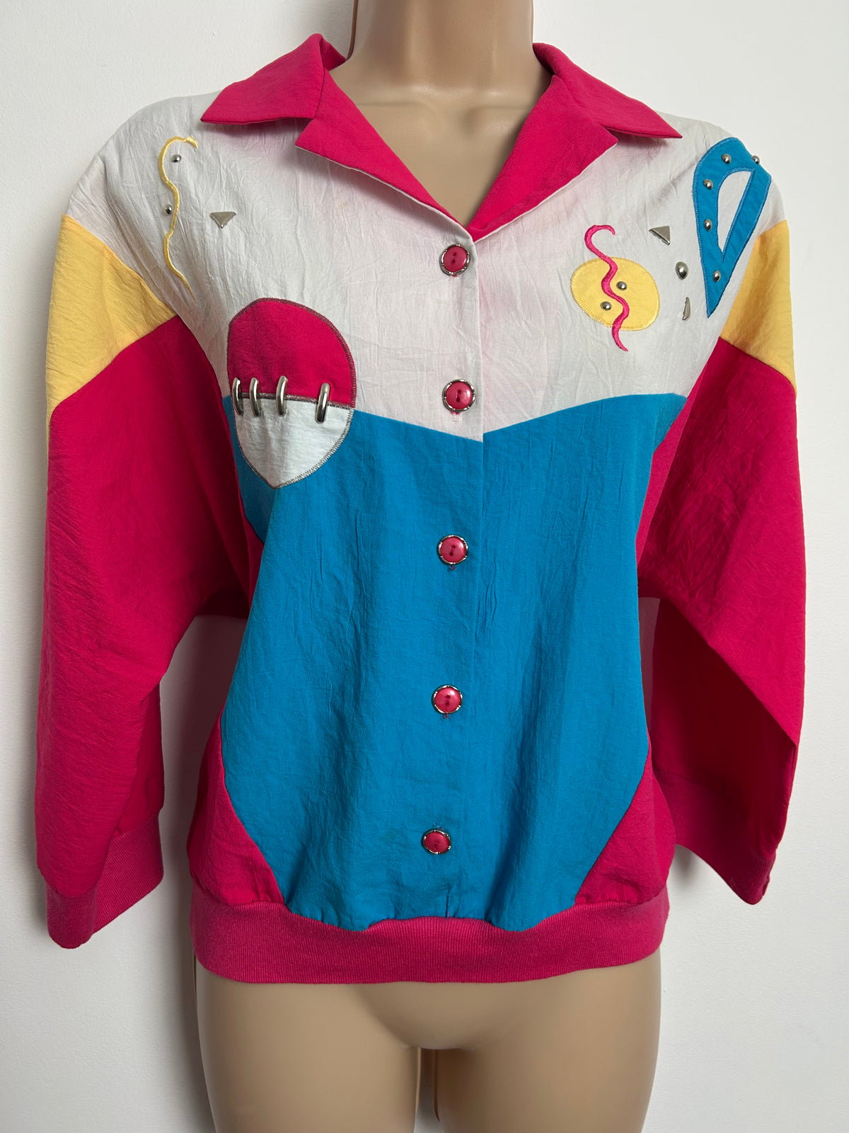 Vintage 1980s Size 14-16 Cerise Pink Turquoise & White Applique & Stud Detail Casual Leisurewear Top