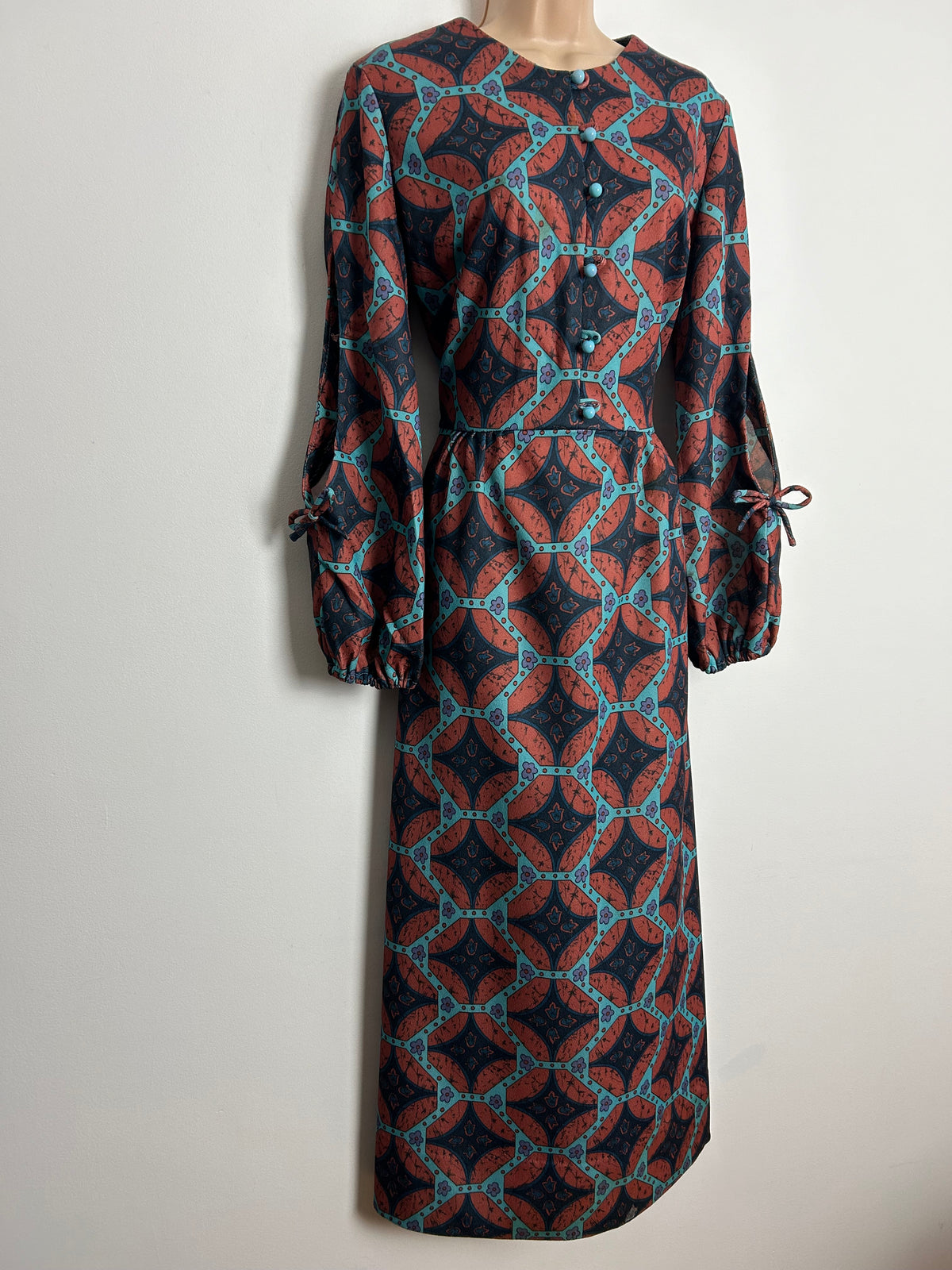 Vintage 1970s UK Size 12-14 Rust Brown Teal & Turquoise Abstract Print Long Split Sleeve Maxi Dress