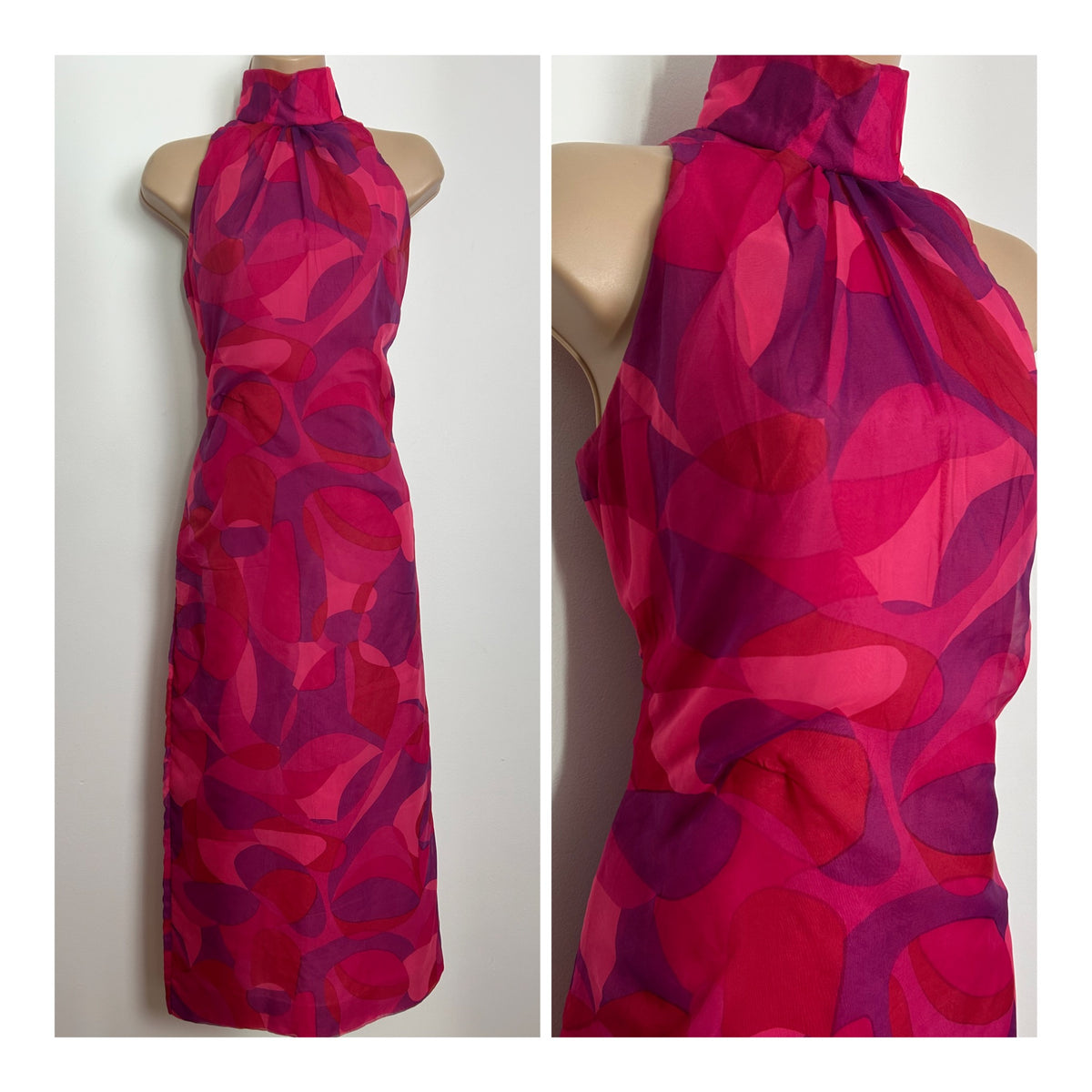 Vintage 1970s Size 10 Pink Tones Abstract Geo Print Sleeveless Midi Occasion Dress
