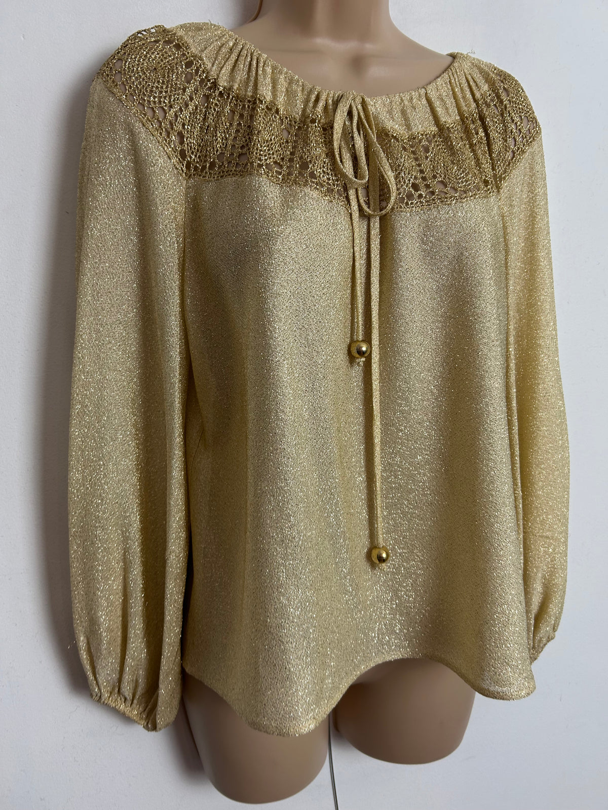 Vintage 1980s UK Size 14-16 Gold Lurex Crochet Panel Tie Neck Xmas Party Blouse