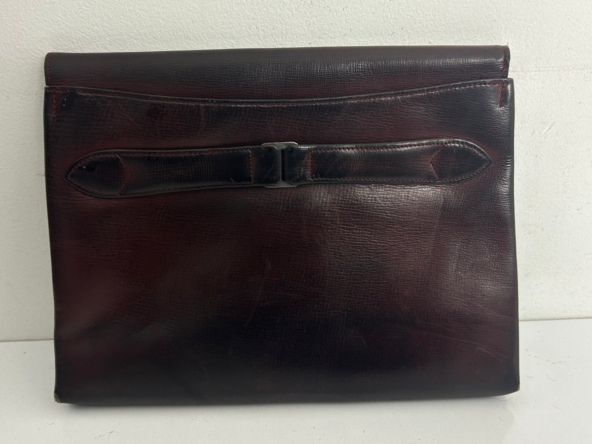 Vintage 1940s Dark Reddish Brown Real Leather Clutch Handbag With Hand Strap