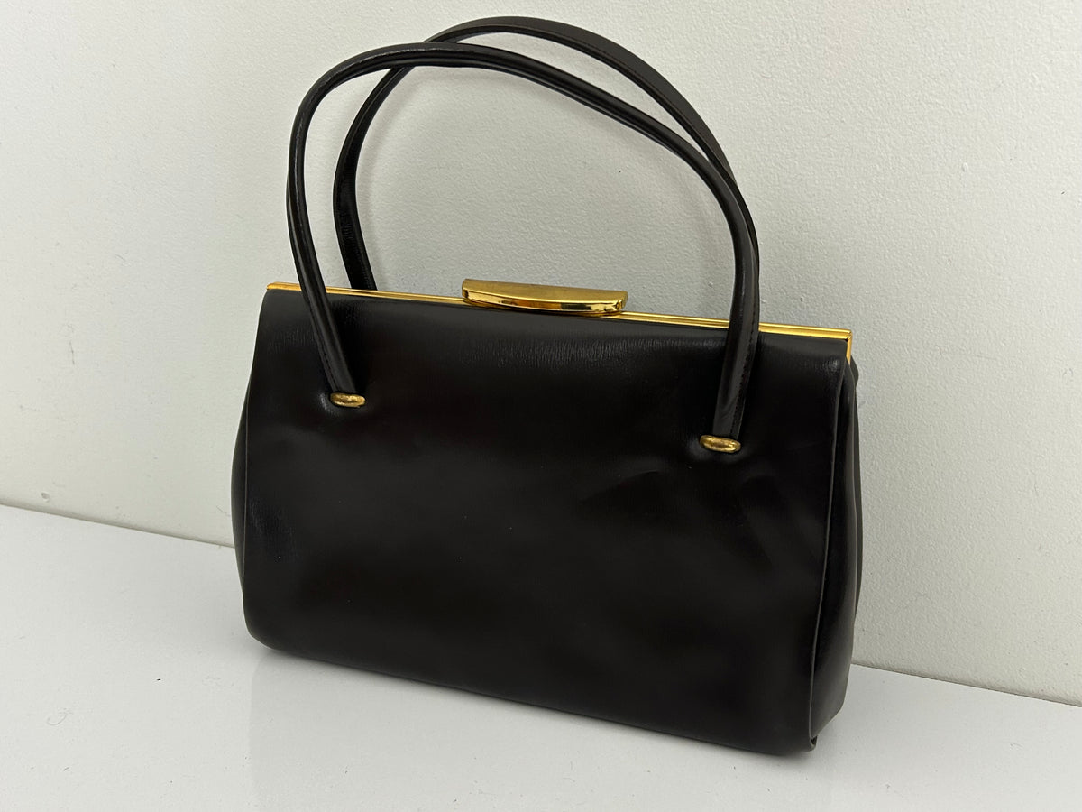 Vintage 1950s Matt Brown Leather Kelly Handbag With Gold Tone Frame
