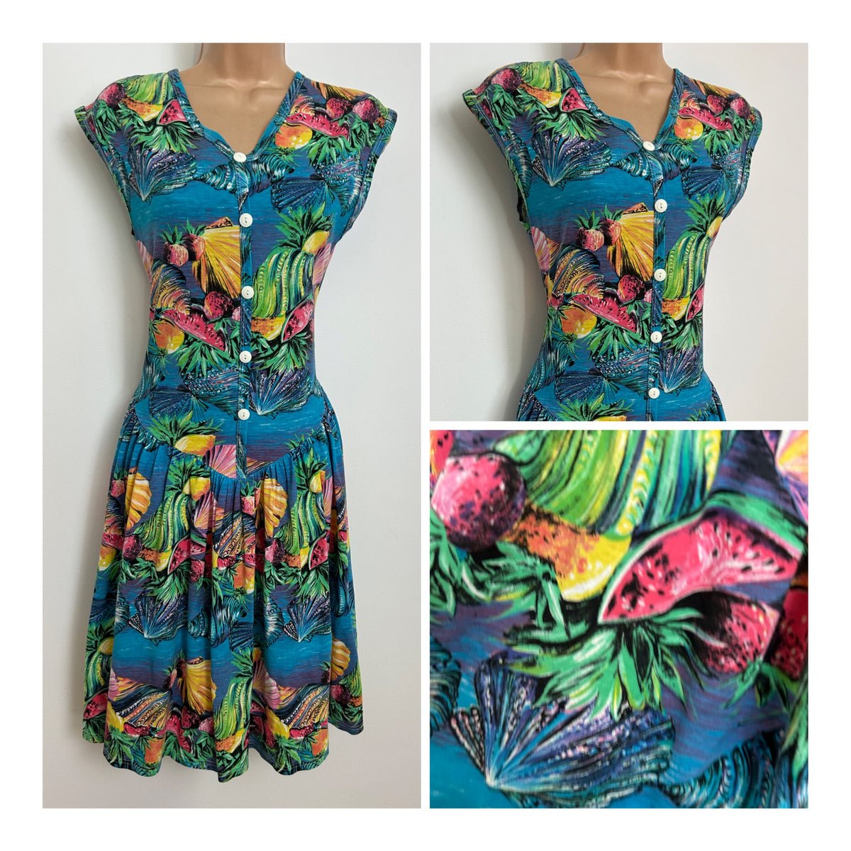 Vintage 1980s Size 8 Underwater Sea Shell & Fruit Novelty Print Cotton Day Dress