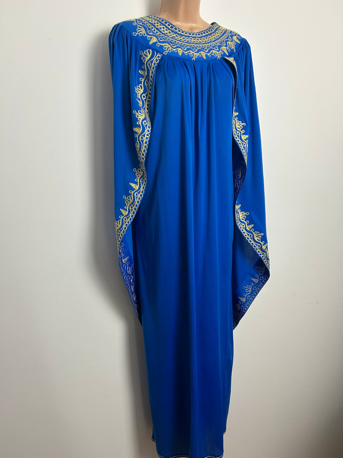 Vintage One Size Up To Size 16 Royal Blue & Gold Embroidered Caped Occasion Kaftan Maxi Dress