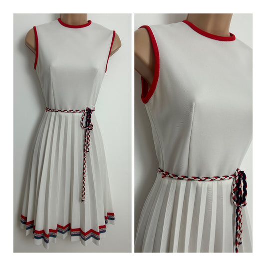 Vintage Early 1970s Size 6 White Red & Blue Stripe Braid Embellished Belted Pleated Summer Mod Dress