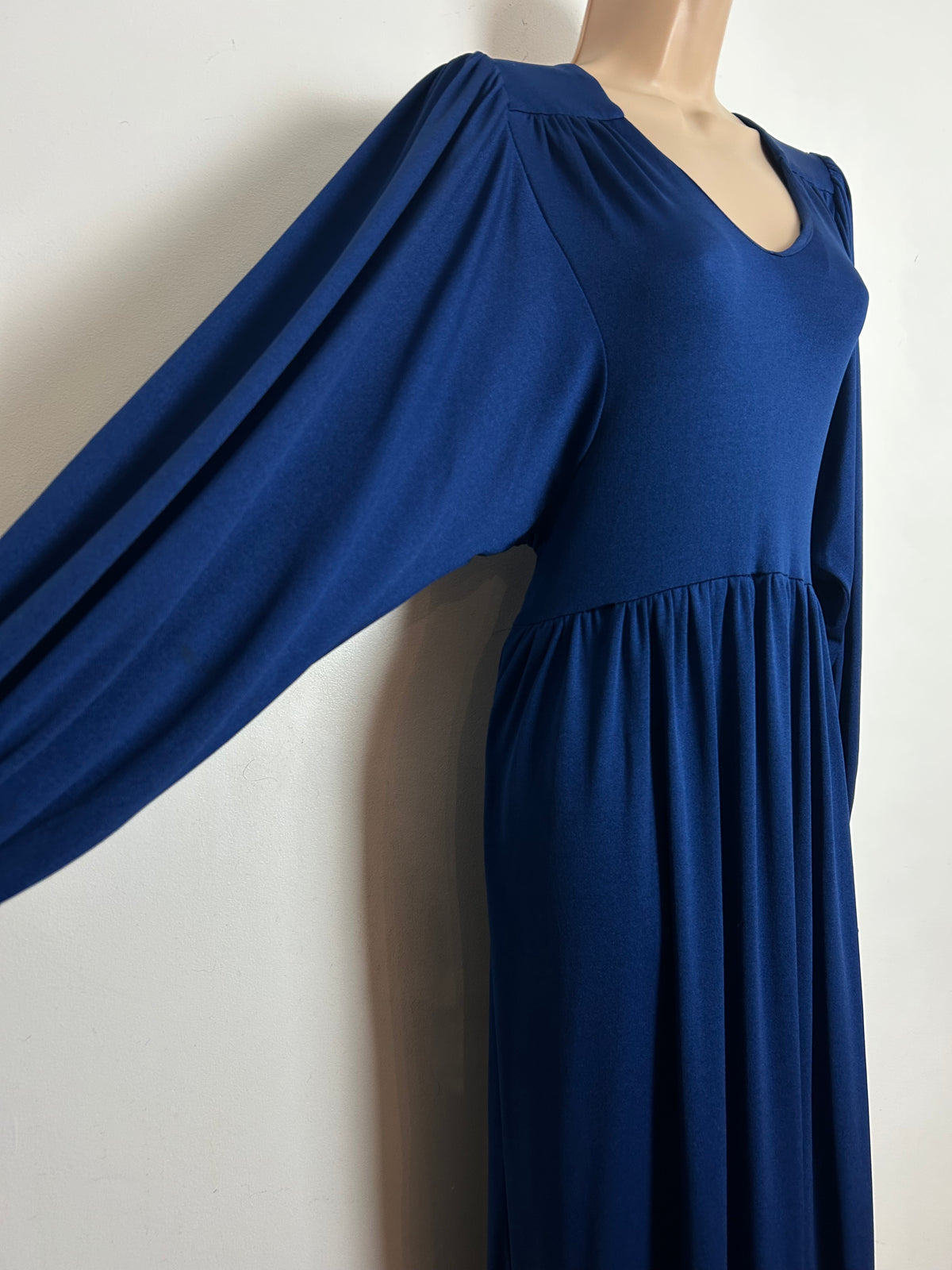 Vintage 1970s EMCAR Size 10-12 Navy Blue Long Billowy Balloon Sleeve Empire Line Maxi Dress