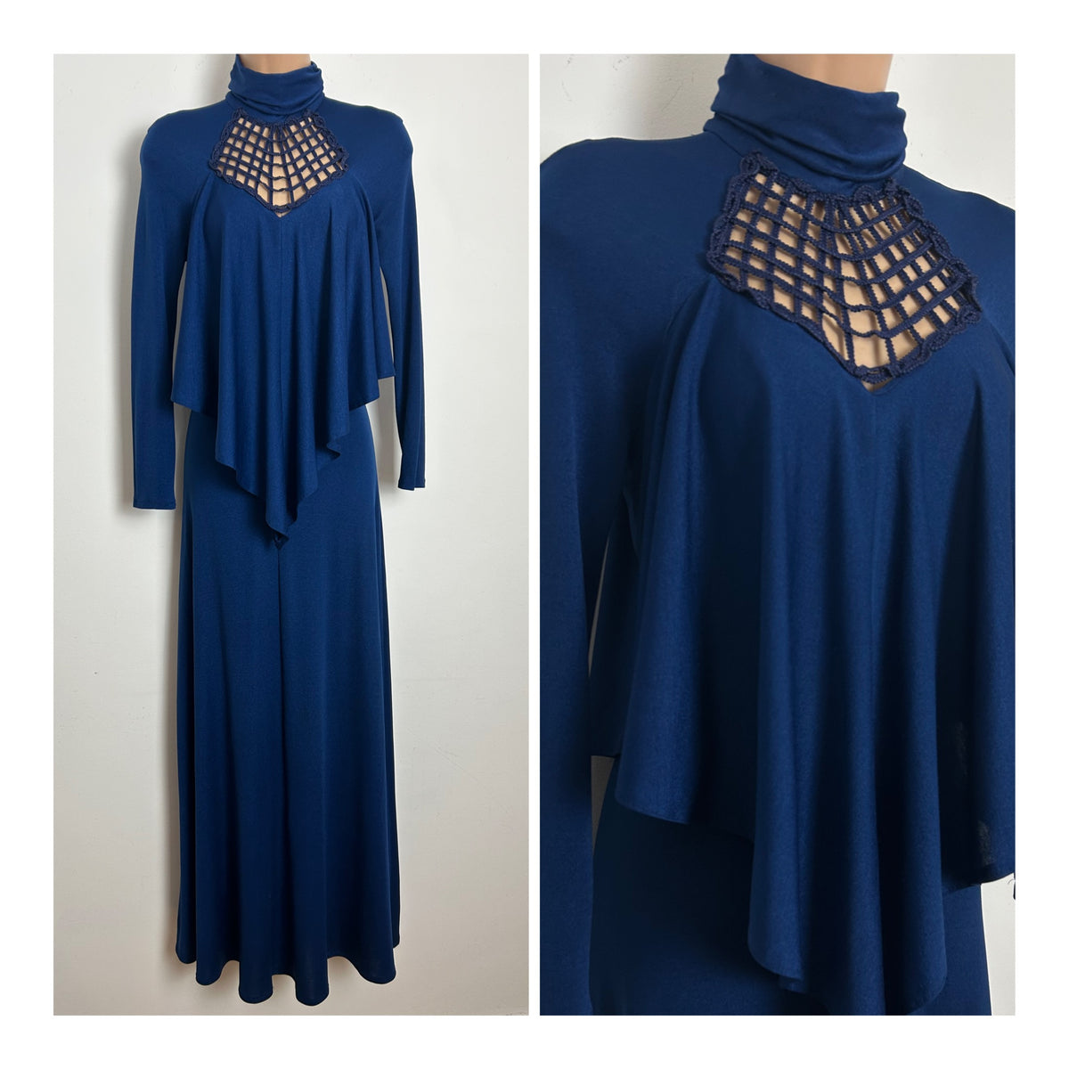 Vintage 1970s SHELANA Size 10 Navy Blue Lattice Neck Layered Long Sleeve Maxi Dress