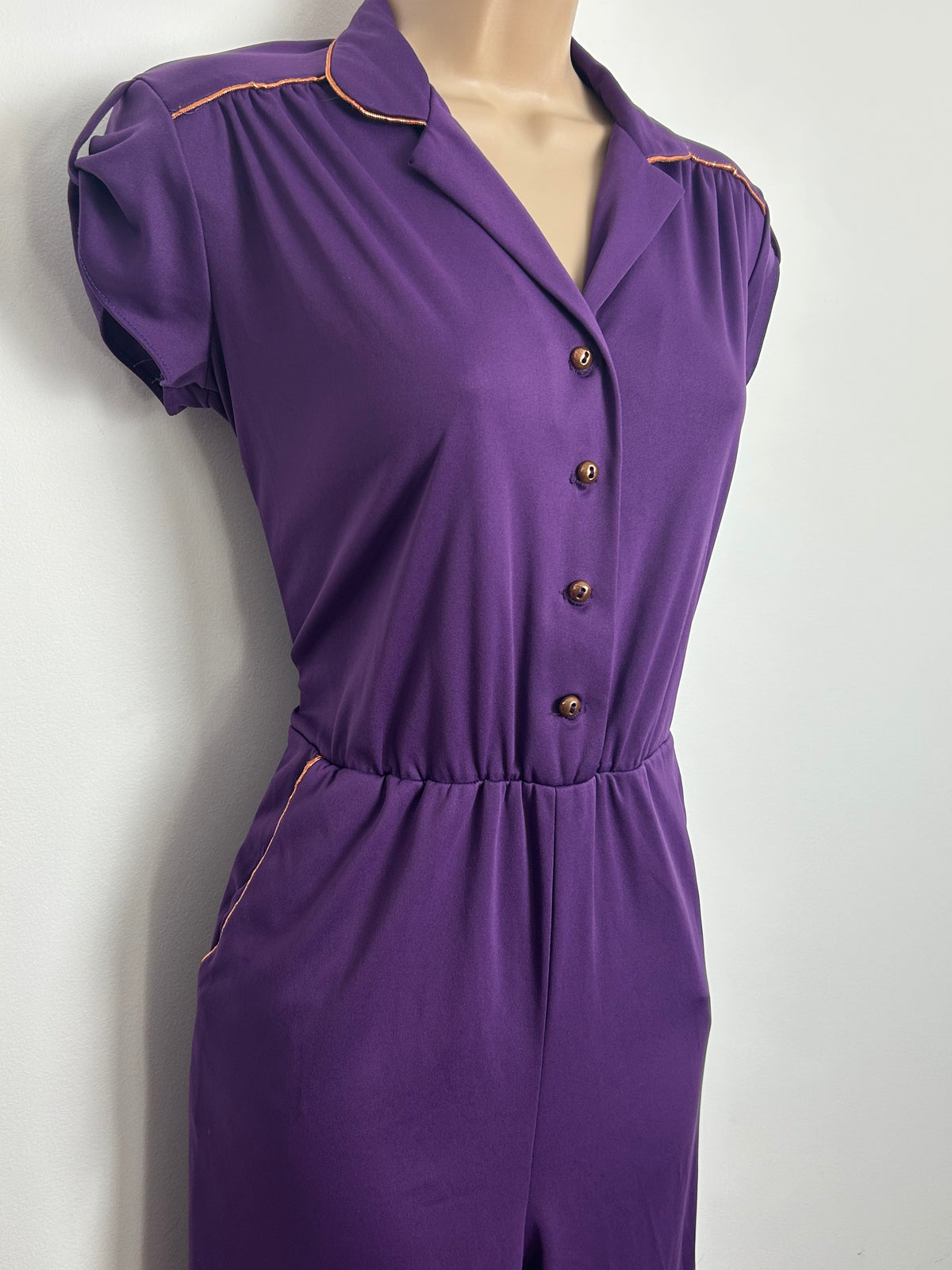 Vintage Early 1980s J.C Penney Purple & Bronze Piping Trim Straight Leg Jumpsuit