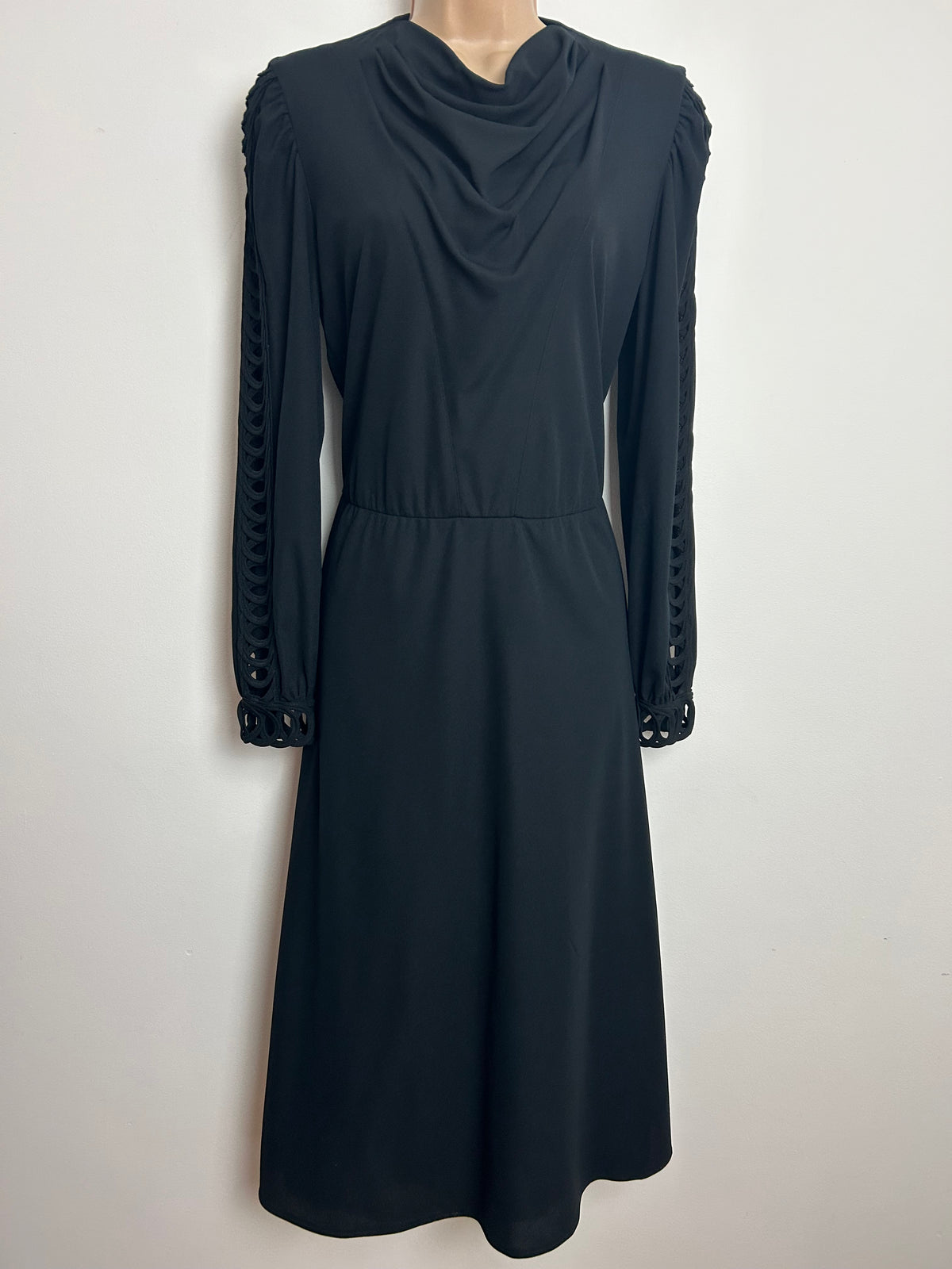 Vintage 1980s FRANKENWALDER Size 12 Black Cowl Neck Cut Out Ladder Sleeve Dress