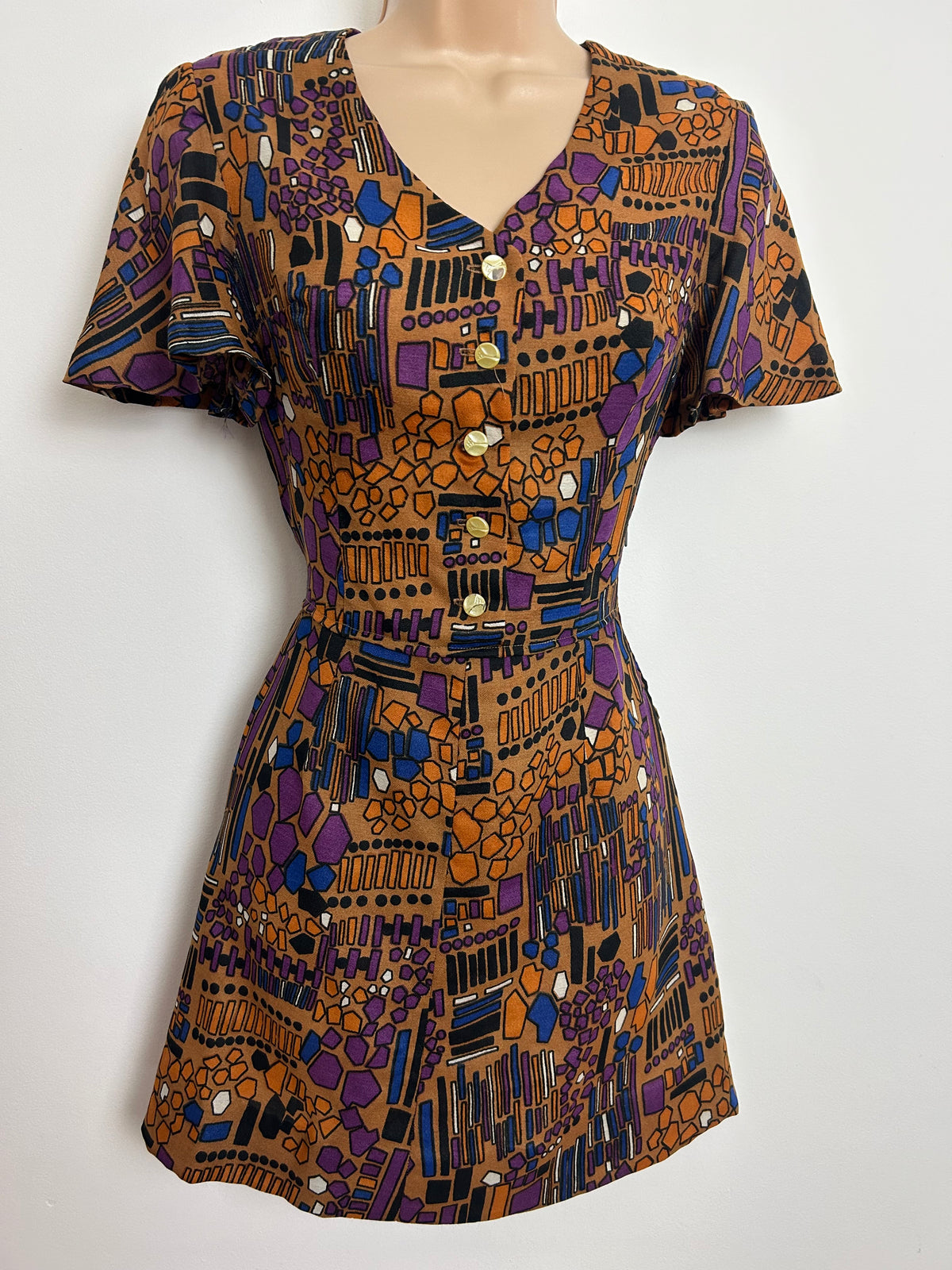 Vintage Late 1960s Size 6 Brown Purple & Blue Abstract Geo Print Mini Dress
