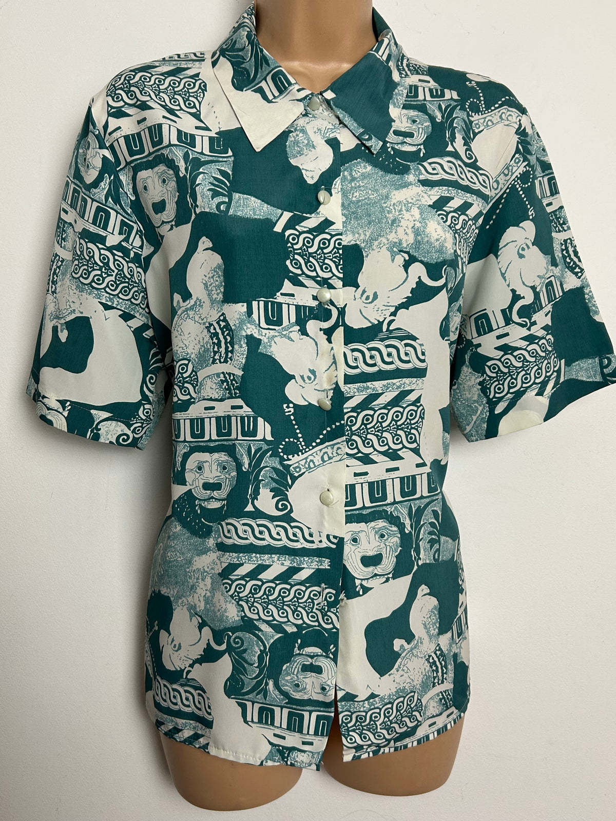 Vintage 1980s LEONELLA Size 14 Teal Green & White Abstract Print Long Sleeve Shirt