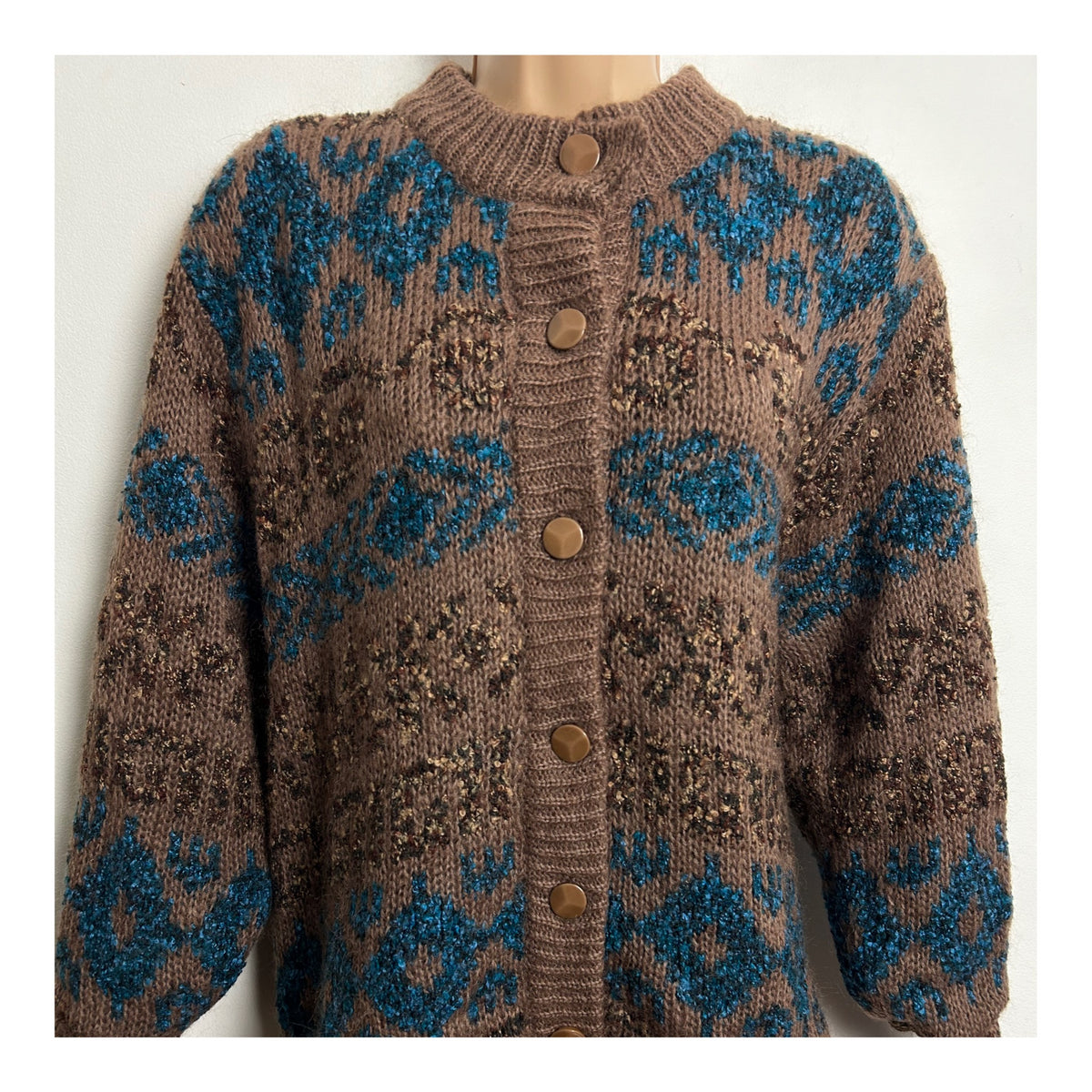 Vintage 1980s One Size Up To Size 16 Brown & Blue Wool Mix Long Sleeve Chunky Cardigan
