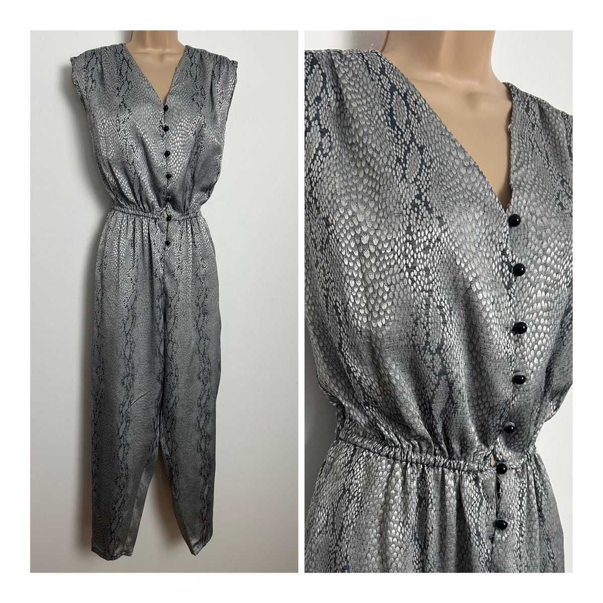 Vintage 1980s Size 8-10 Shimmery Silver & grey Snake Skin Print Cropped Tapered Leg Jumpsuit