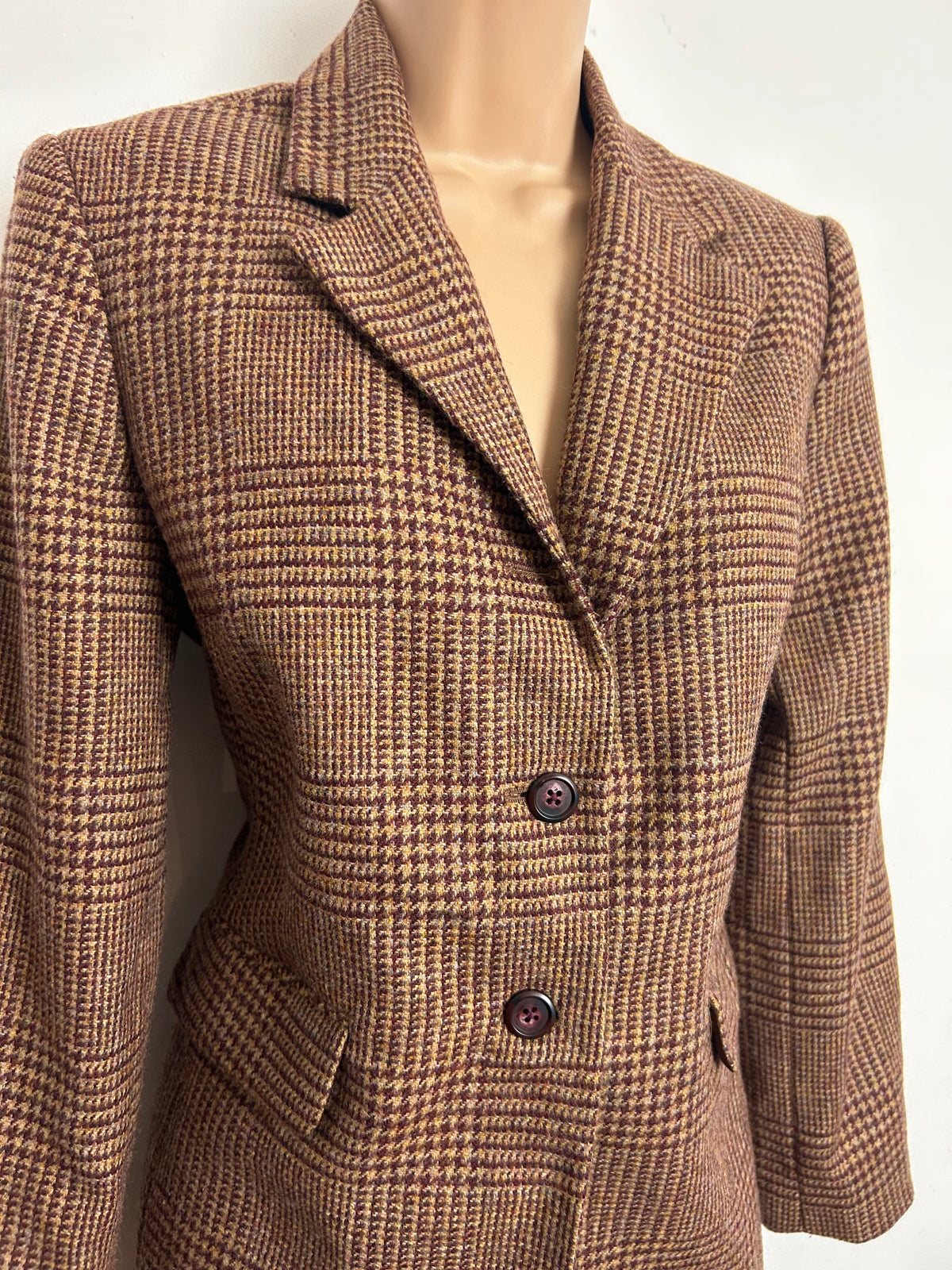 Vintage 1980s TALBOTS PETITES Size 10-12 Brown Hounds Tooth Check 100% Lambswool Blazer
