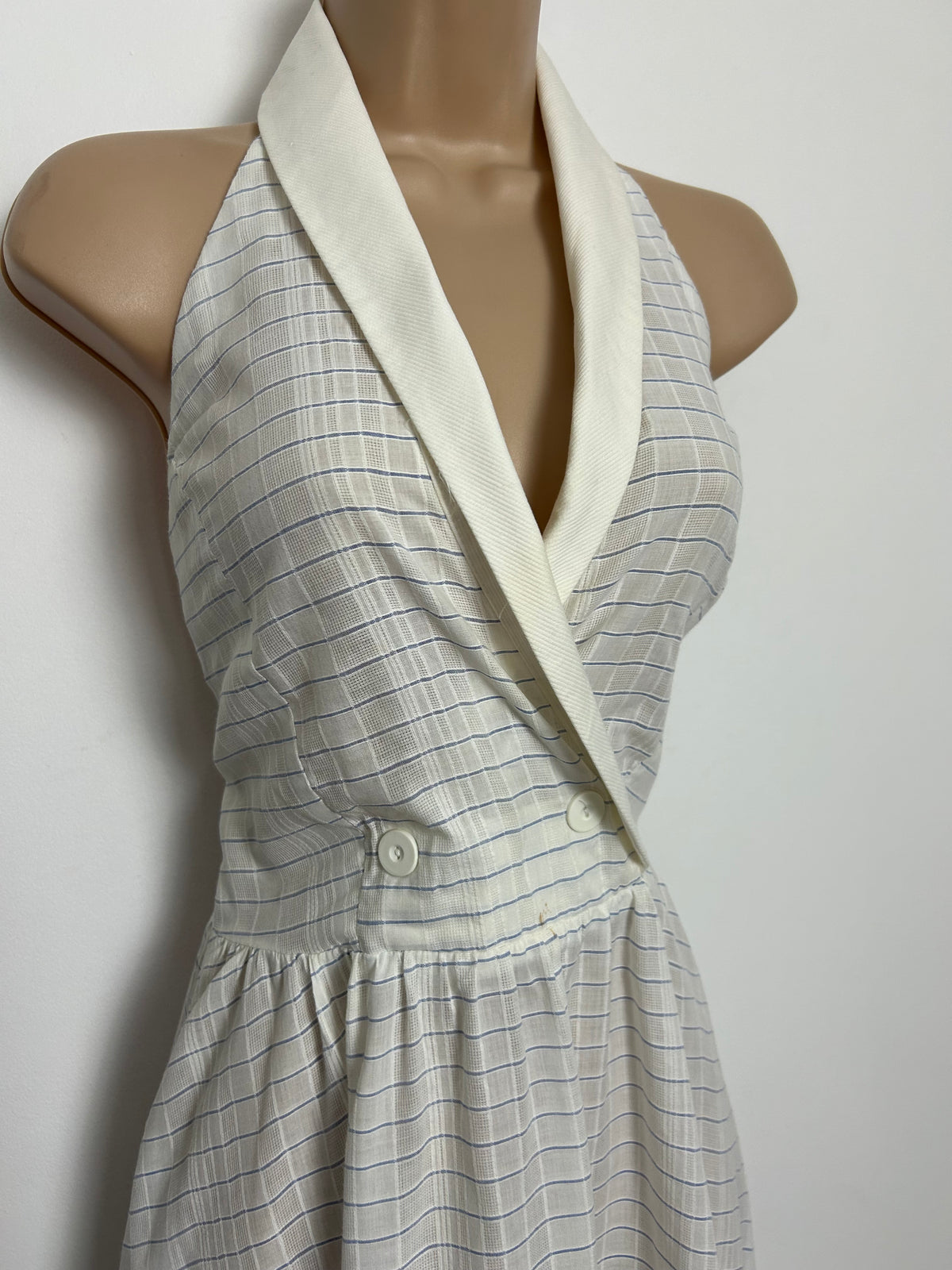 Vintage 1980s Size 8-10 White & Blue Stripe Halterneck Cotton Mix Summer Midi Dress