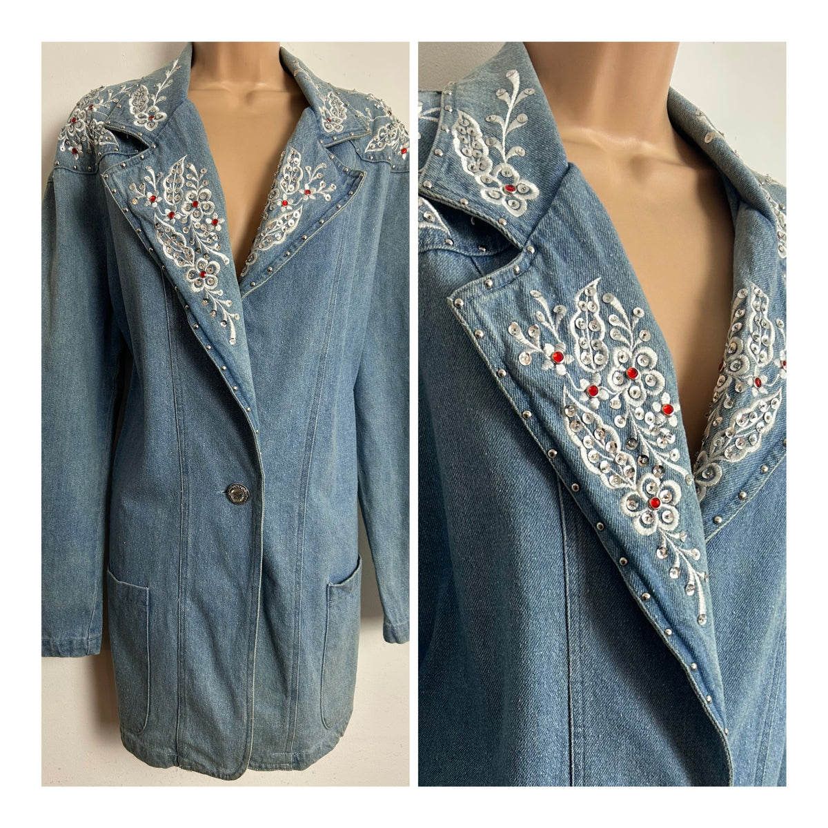 Vintage 1980s JENJEN BY DARIAN Size M (12-14) Stonewash Embroidered Jewel & Sequin Blazer Style Denim Jacket