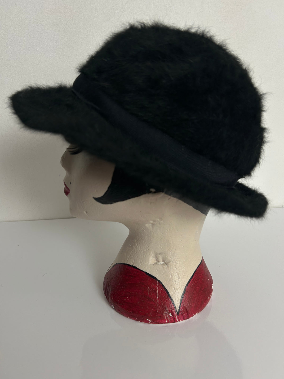 Vintage Black Soft Angora Wool Feather Detail Trilby Style Hat