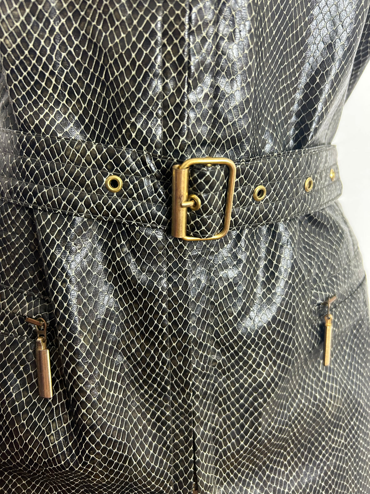 Vintage 1980s BETTY BARCLAY Size 12 Brown Faux Leather Reptile Skin Belted Zip Front Waistcoat Gilet Style Top