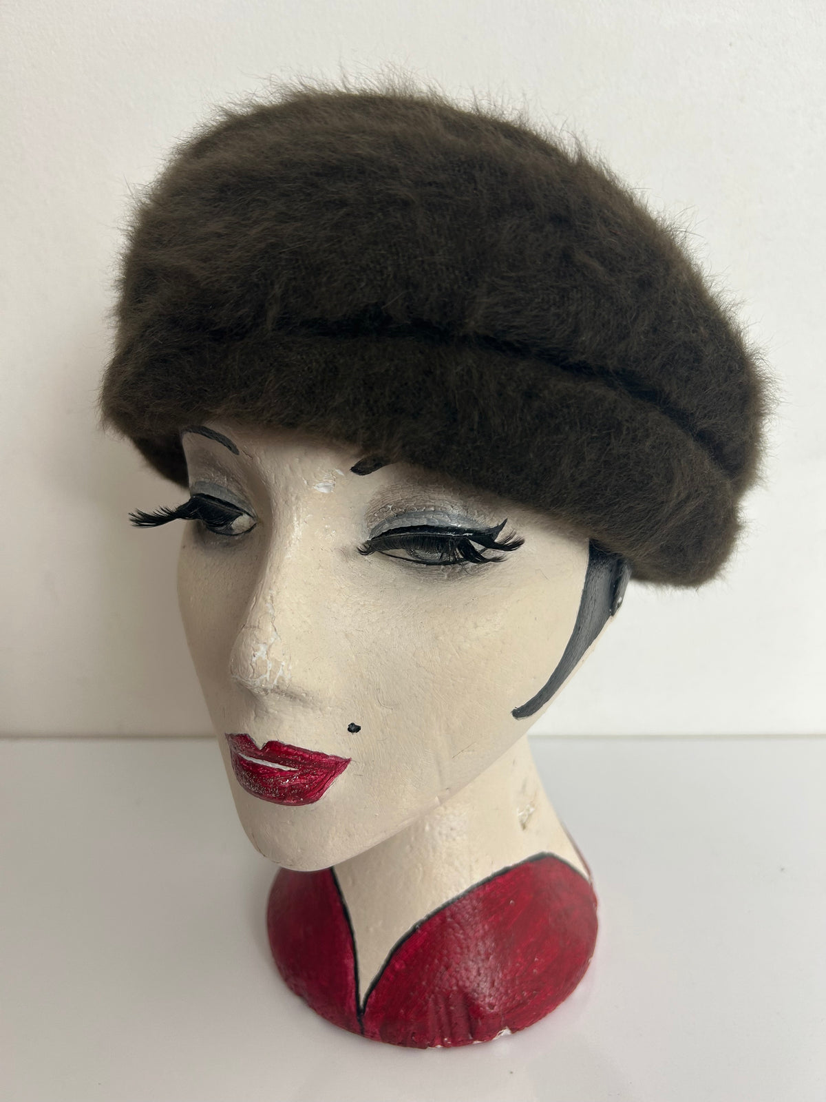 Vintage 1960s Moss Green Angora Mix Pill Box Style Hat