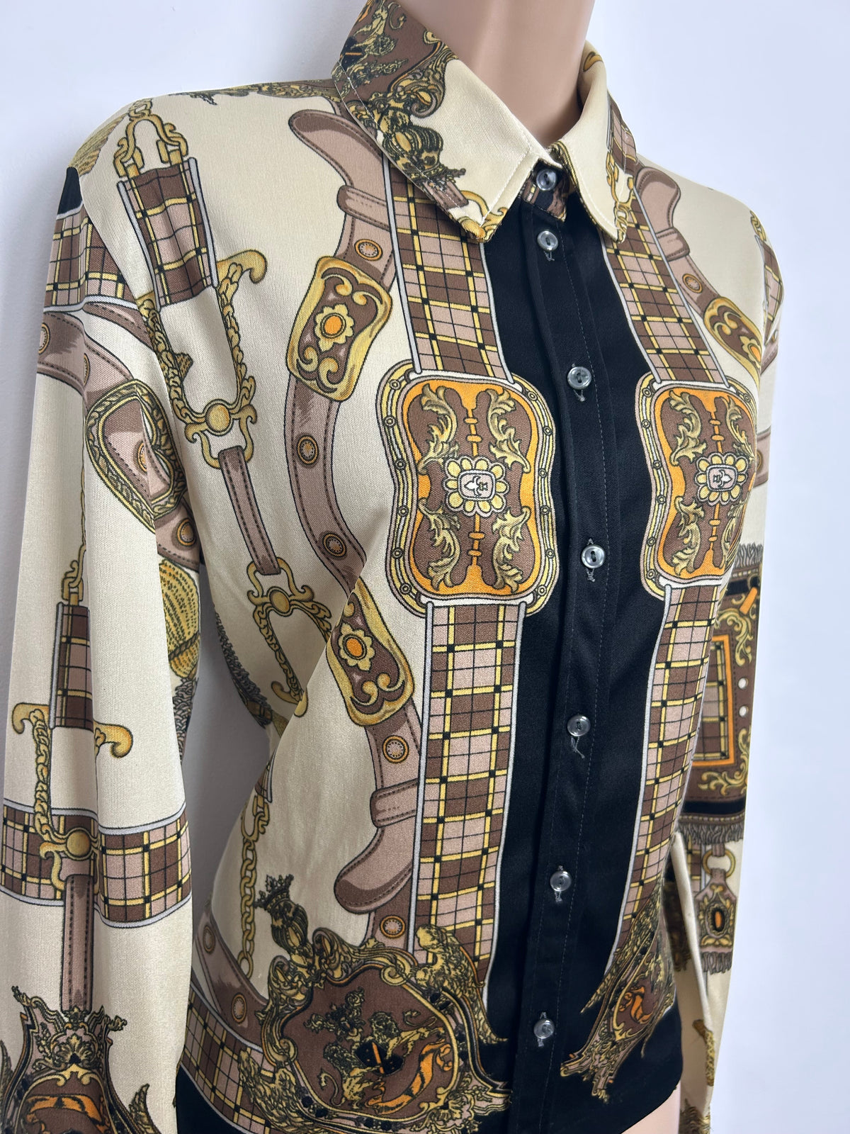 Vintage Early 1980s Size 14 PAUL DAREL SIGNED Cream & Brown Baroque Equestrian Print Shirt