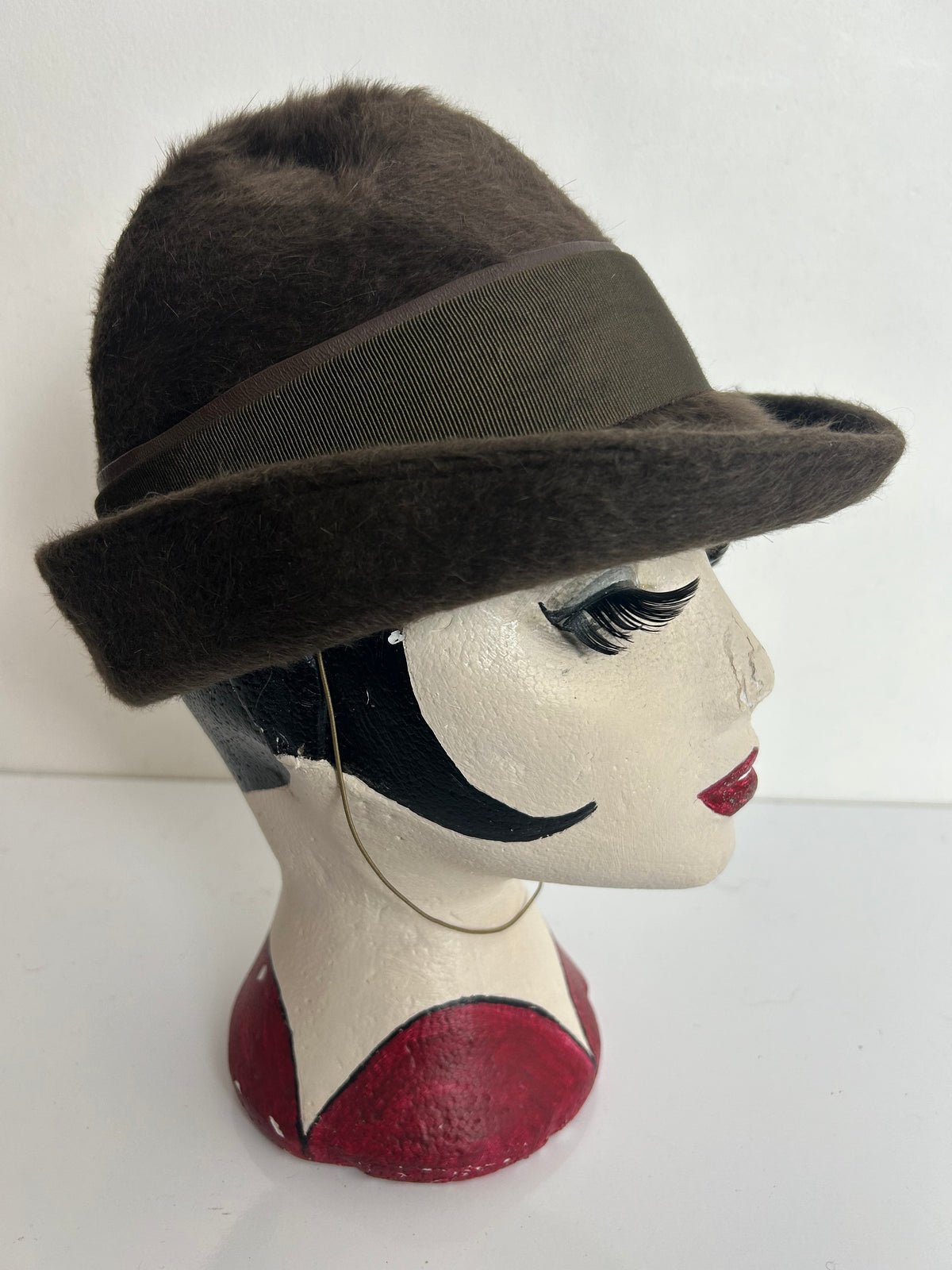Vintage 1970s Dark Olive Green Angora Mix Austrian Peaked Hat
