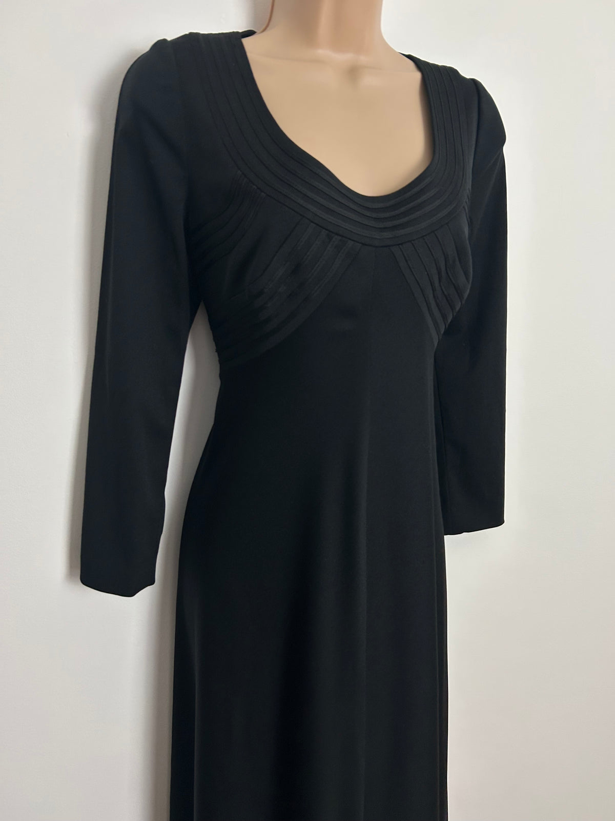 Vintage 1970s YVETTE UK Size 10-12 Black Braid Trim Detailing Long Sleeve Occasion Evening Maxi Dress