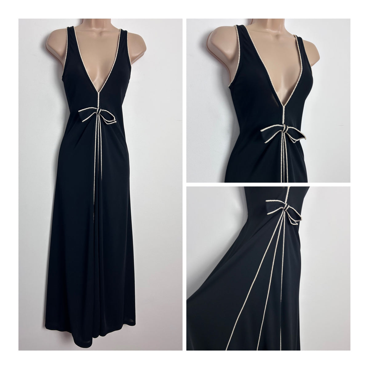 Vintage 1970s UK Size 8 Black Twist Braid Trim Plunge Neck Bow Detail Sleeveless Occasion Maxi Dress