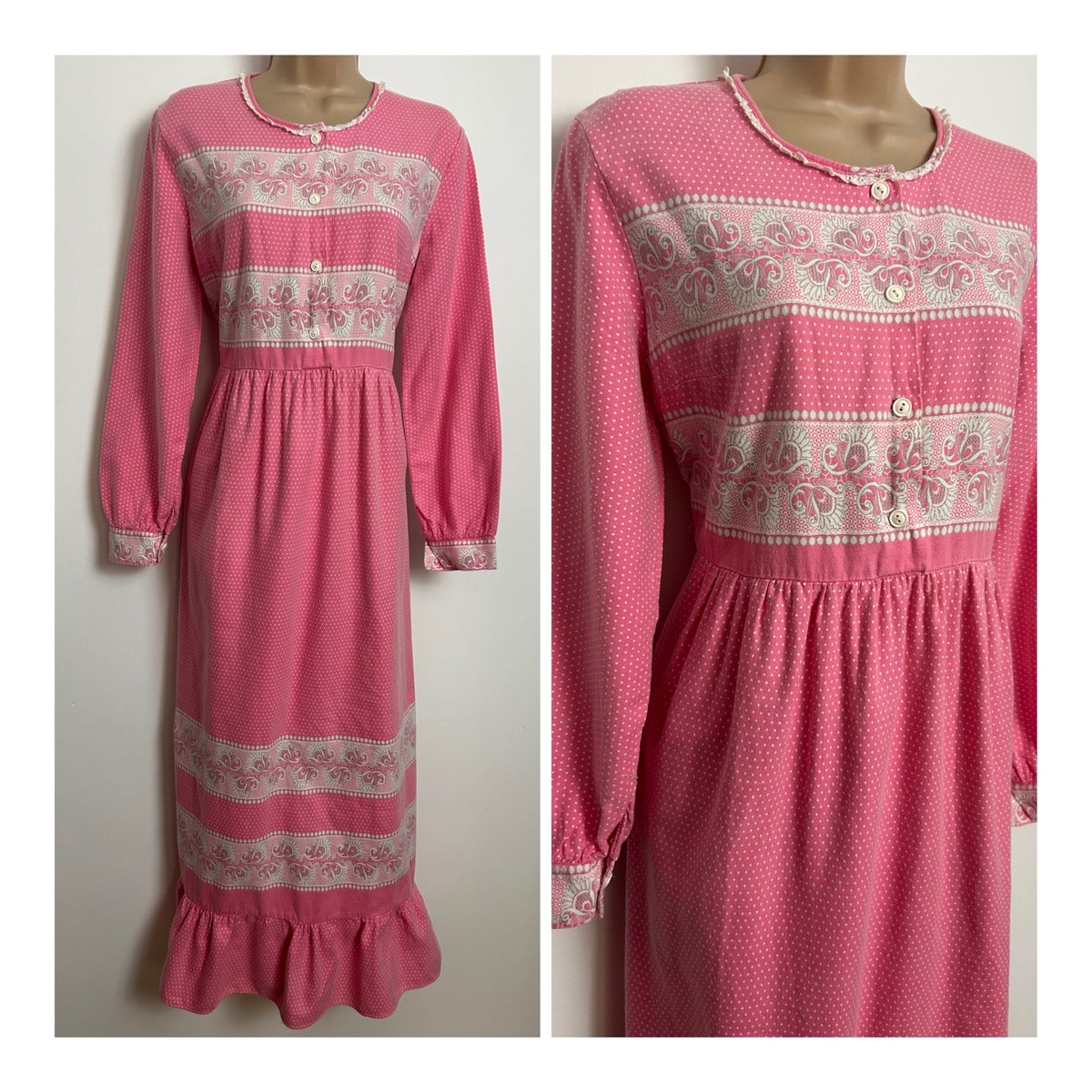 Vintage 1970s Size 12-14 Pink & White Polka Dot Print Long Sleeve Cotton Maxi Nightdress