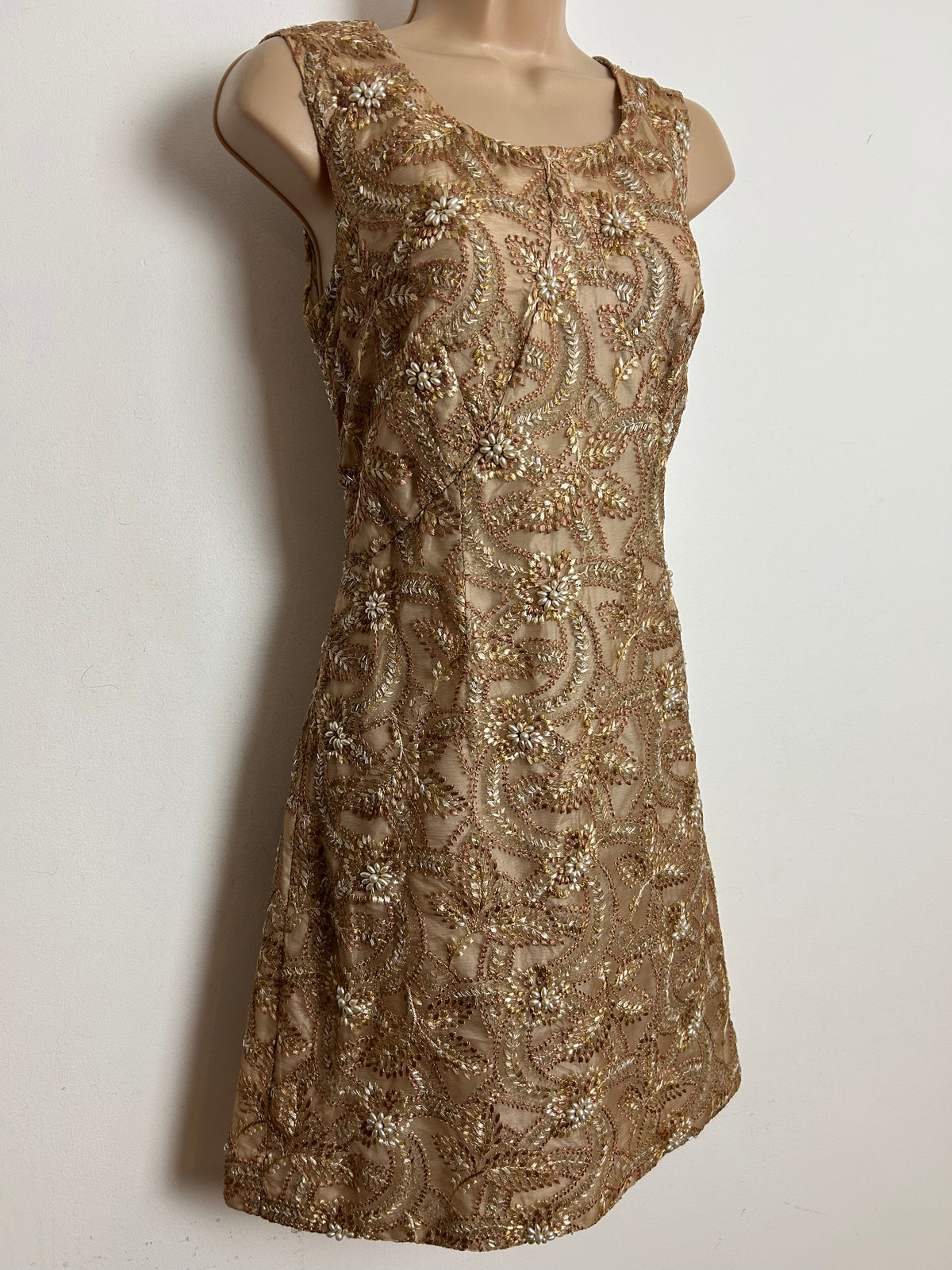 Vintage 1960s Size 6-8 Beige Silver & Gold Embroidered Bead Detail Evening Party Dress