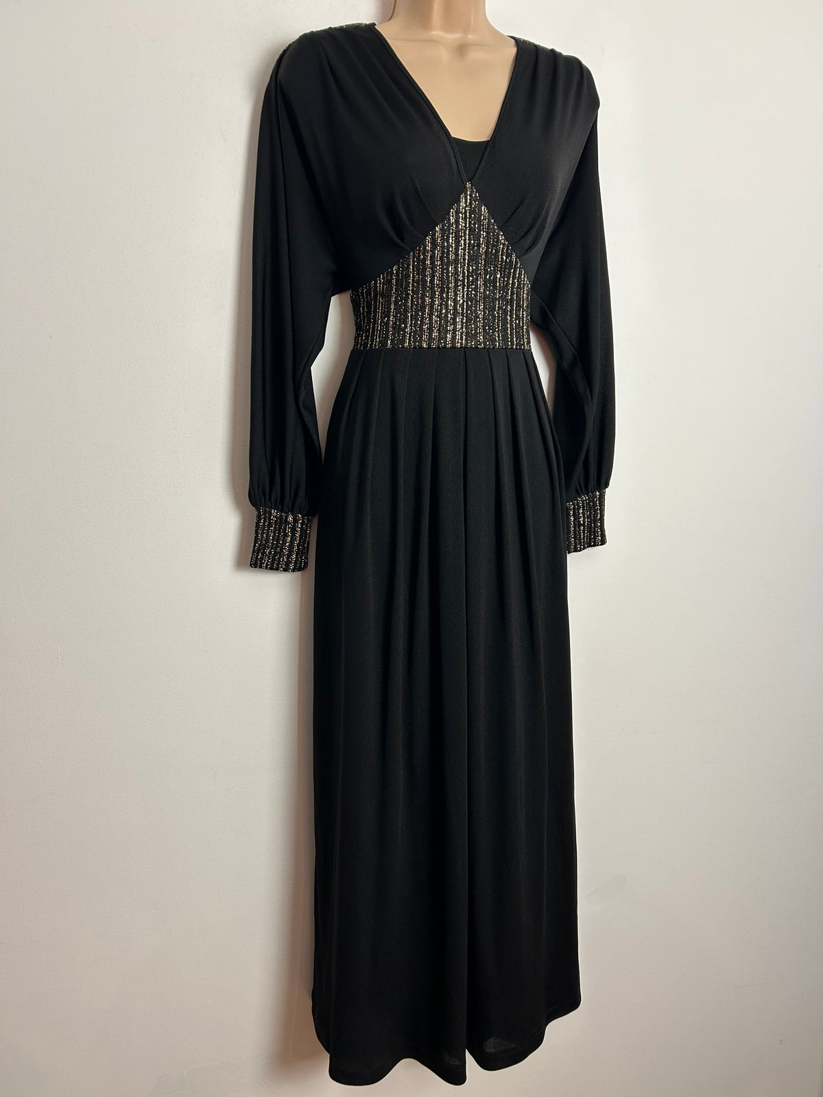 Vintage Early 1980s E&M AUGUSTAT UK Size 10 Black & Metallic Gold Pleated Evening Maxi Dress
