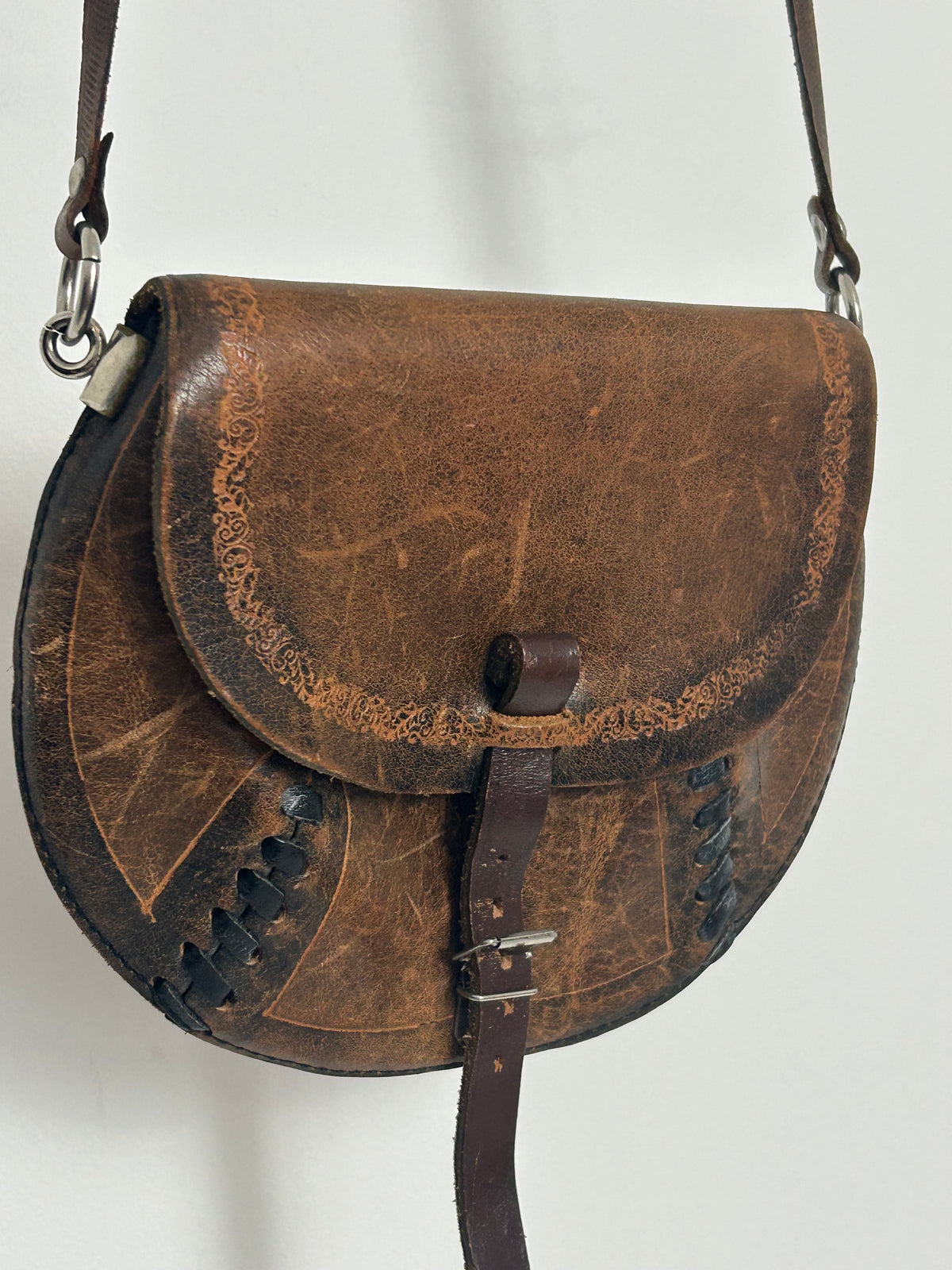 Vintage 1980s Small Handmade Distressed Western Style Crossbody Leather Saddle Bag