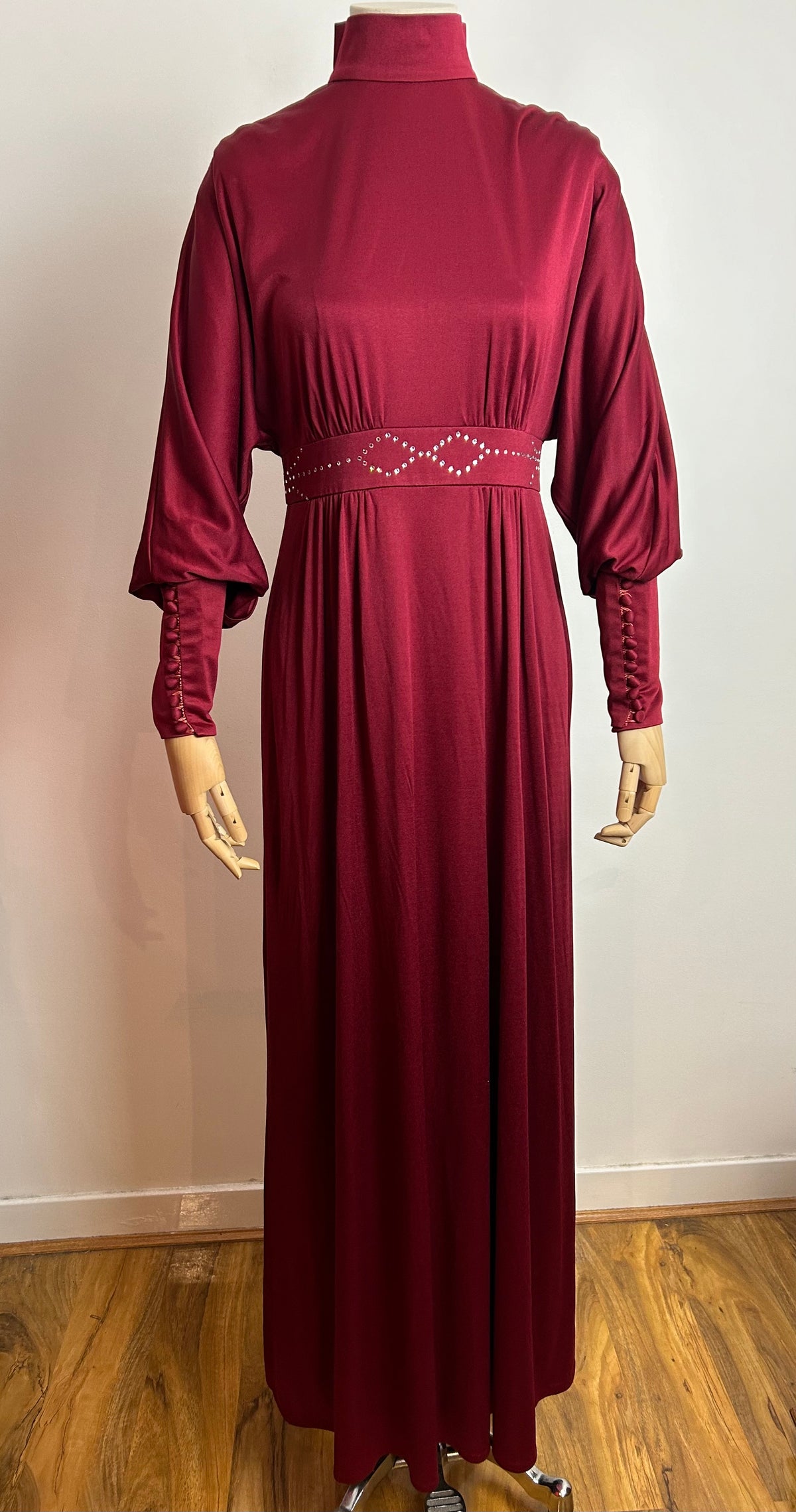 Vintage Late 1970s COCKTAIL HOFFMAN UK Size 12 Dark Red Long Dolman Sleeve Tight Cuffs Rhinestone Detail Occasion Evening Maxi Dress