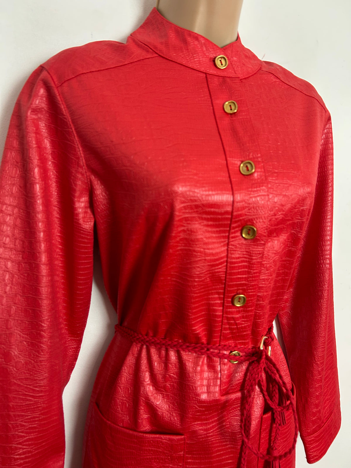Vintage 1980s HANBURY LTD UK Size 10-12 Red Wet Look Reptile Print Long Sleeve Belted Day Dress