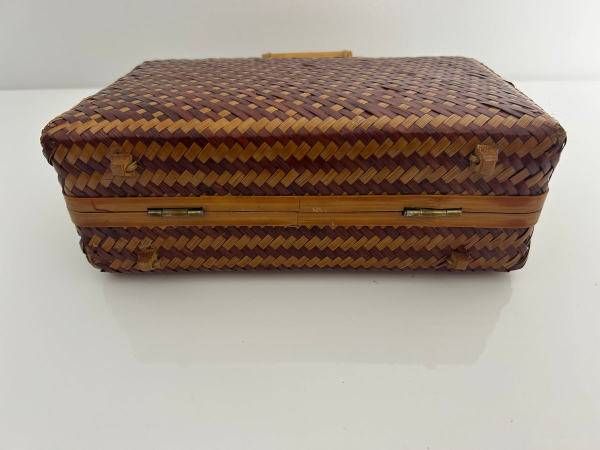 Vintage 1950s Peoples Republic Of China Brown & Tan Wicker Woven Box Style Handbag