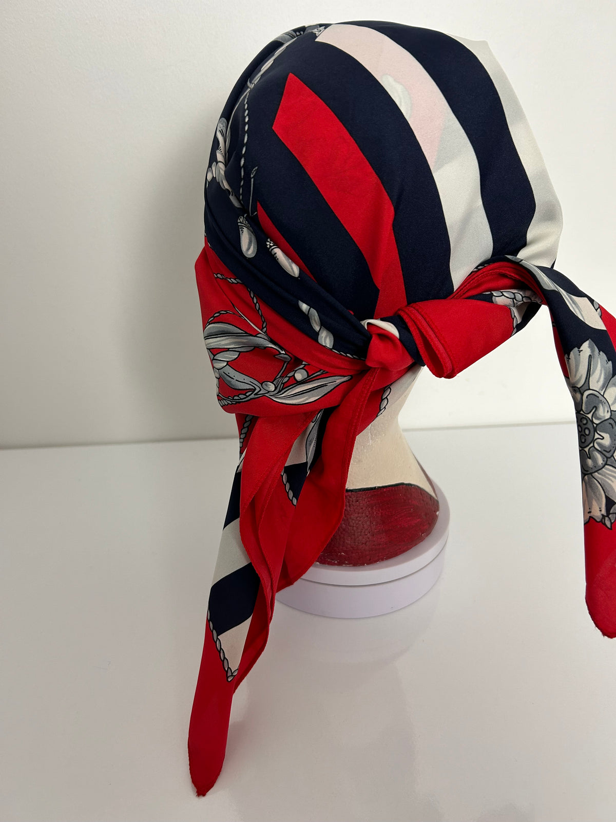 Vintage Red Navy Blue White & Grey Floral Wreath & Rope Print Scarf 70cm x 70cm