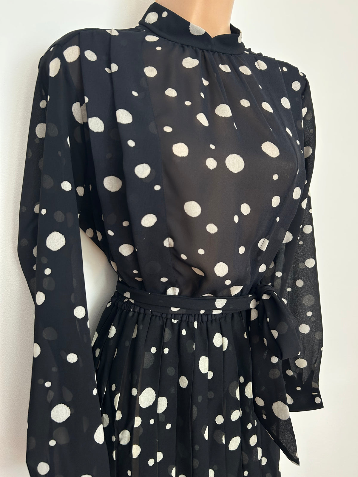 Vintage Early 1980s ST MICHAEL Size 12 Black & White Polka Dot Spot Print Belted Pleated Dress