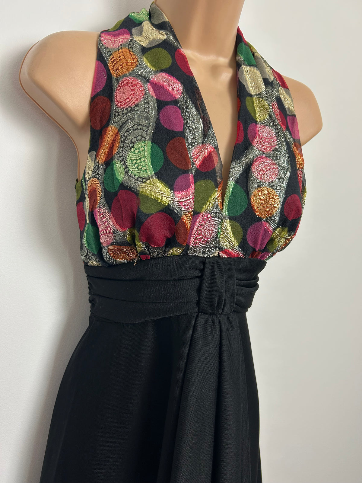 Vintage 1970s Size 6-8 Black Green Purple Maroon & Gold Lurex Spot Pattern Evening Party Dress