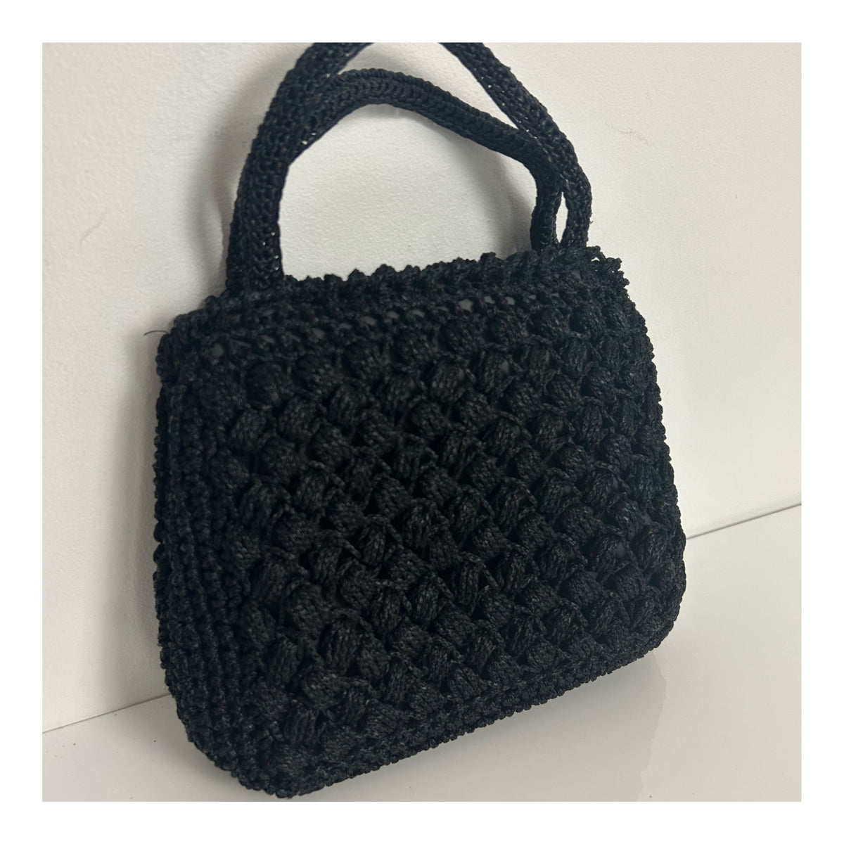 Vintage 1960s Gorgeous Black Crochet Woven Style Top Handle Kelly Style Handbag