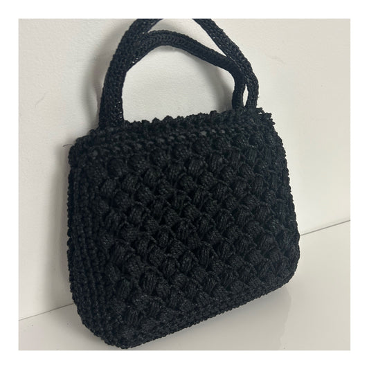 Vintage 1960s Gorgeous Black Crochet Woven Style Top Handle Kelly Style Handbag