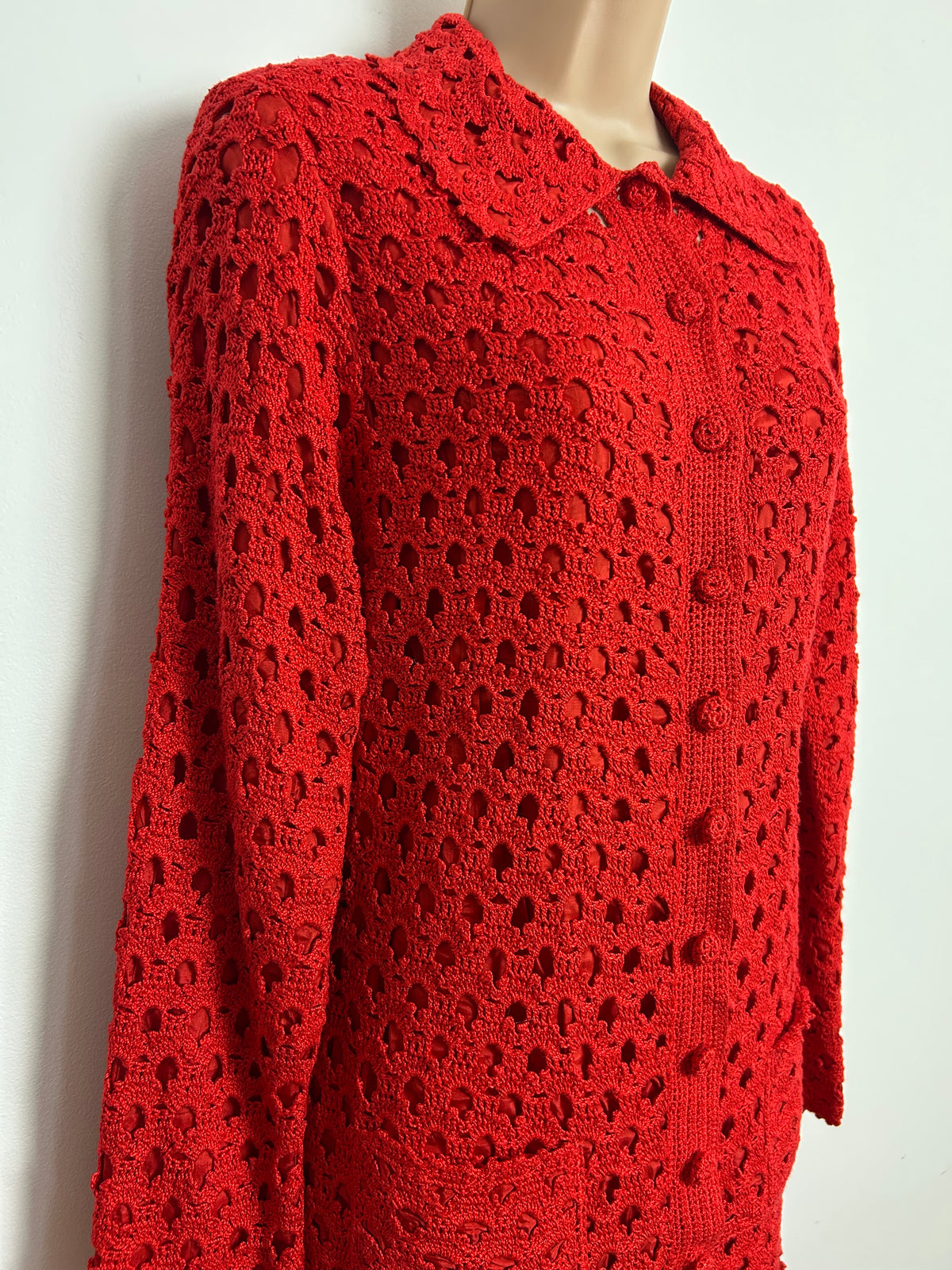 Vintage 1960s VERY RARE KLESHIE BELLMAN Size 12 Hand Made 100% Wool Red Crochet Skirt Suit