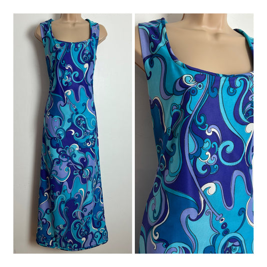 Vintage Early 1970s THE HOUSE OF LAVINIA Size 12 Turquoise Teal & Purple Psychedelic Floral Print Column Maxi Dress