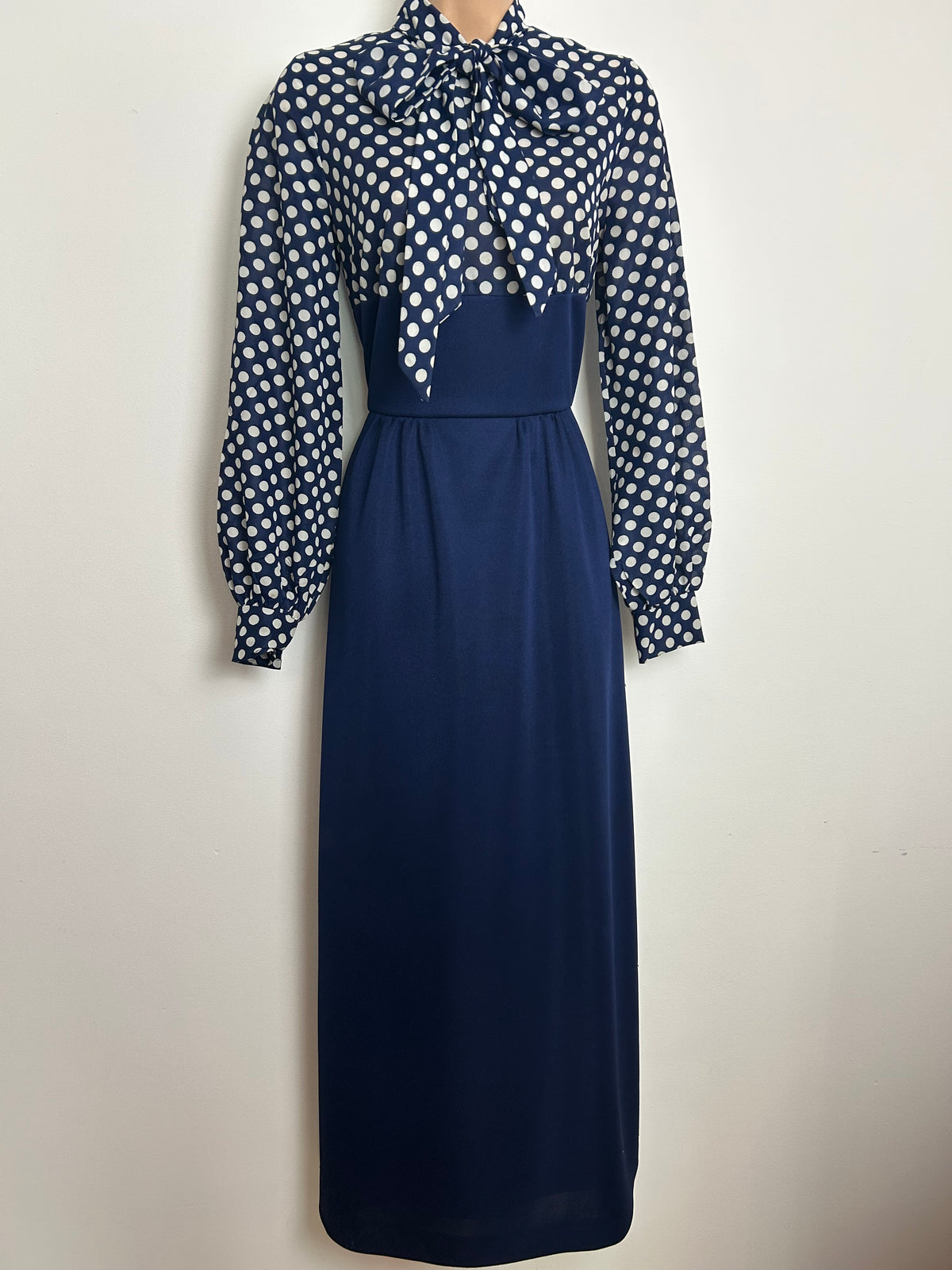 Vintage 1970s BARNABY Size 8 Navy Blue & White Polka Dot Pussy Bow Maxi Dress & Matching Waistcoat