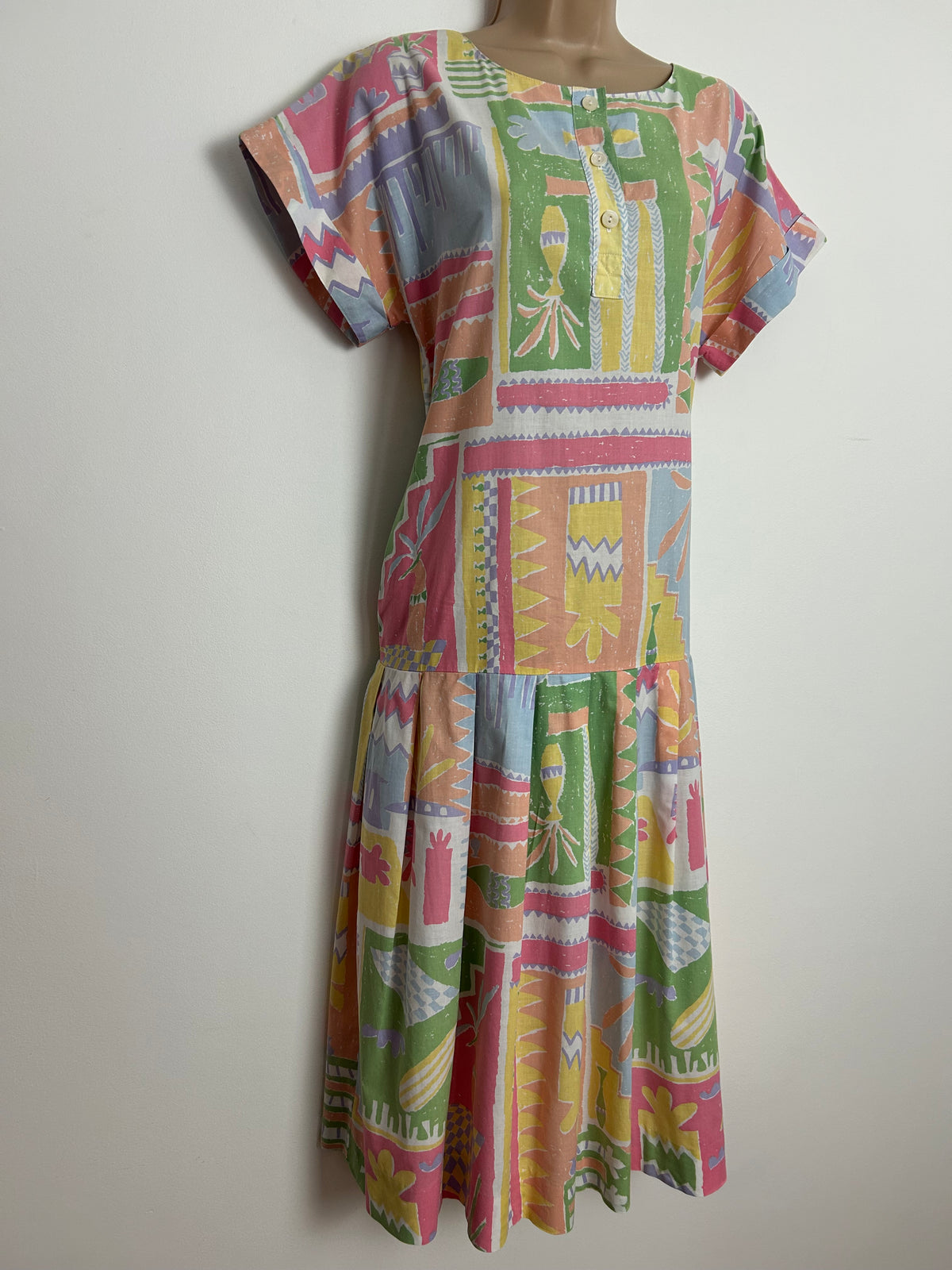 Vintage 1980s LAURA ASHLEY UK Size 10 Pastel Green Lemon Pink & Blue Abstract Pink Tunic Smock Dress